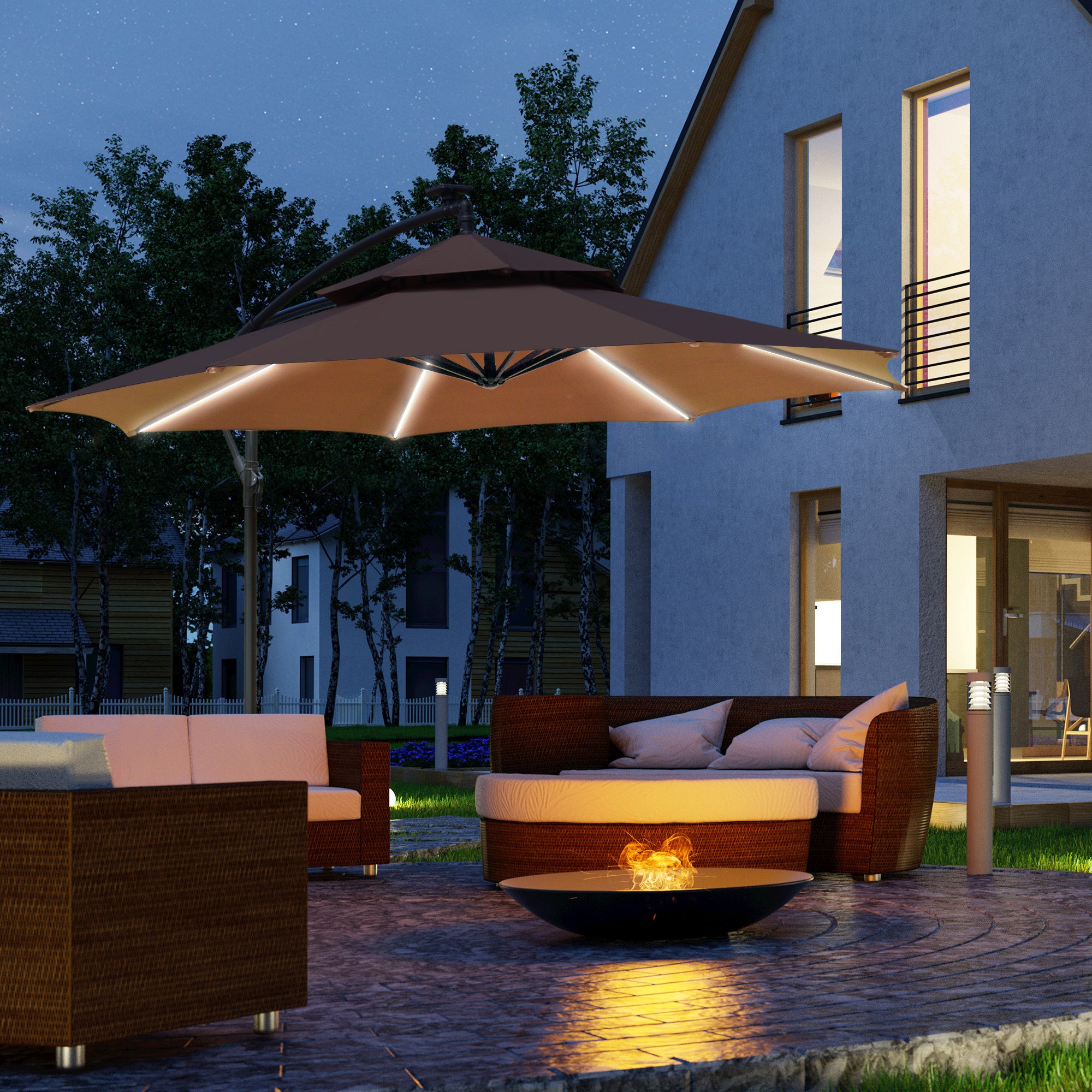 Outsunny 3(m) Cantilever Banana Parasol Hanging Umbrella with Double Roof, LED Solar lights, Crank, 8 Sturdy Ribs and Cross Base for Outdoor, Garden, Patio, Coffee - North Peak Garden Furniture