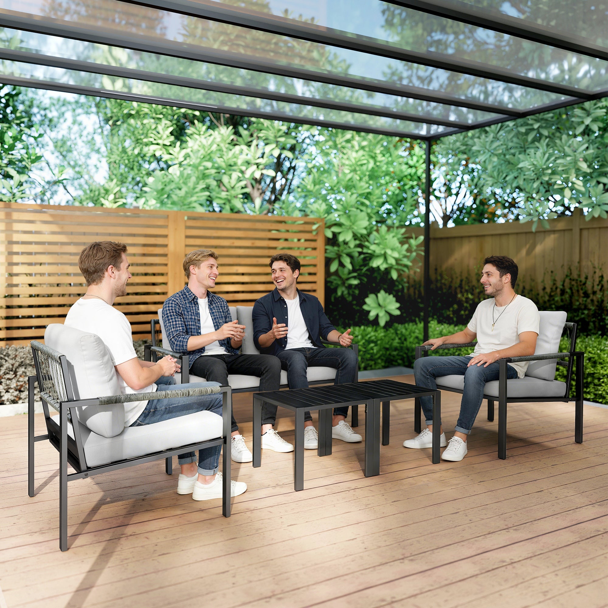 Outsunny 5 Piece Metal Garden Furniture Sofa Set with Thickened Cushions, Loveseat, 2 Armchairs, 2 Coffee Tables, Light Grey