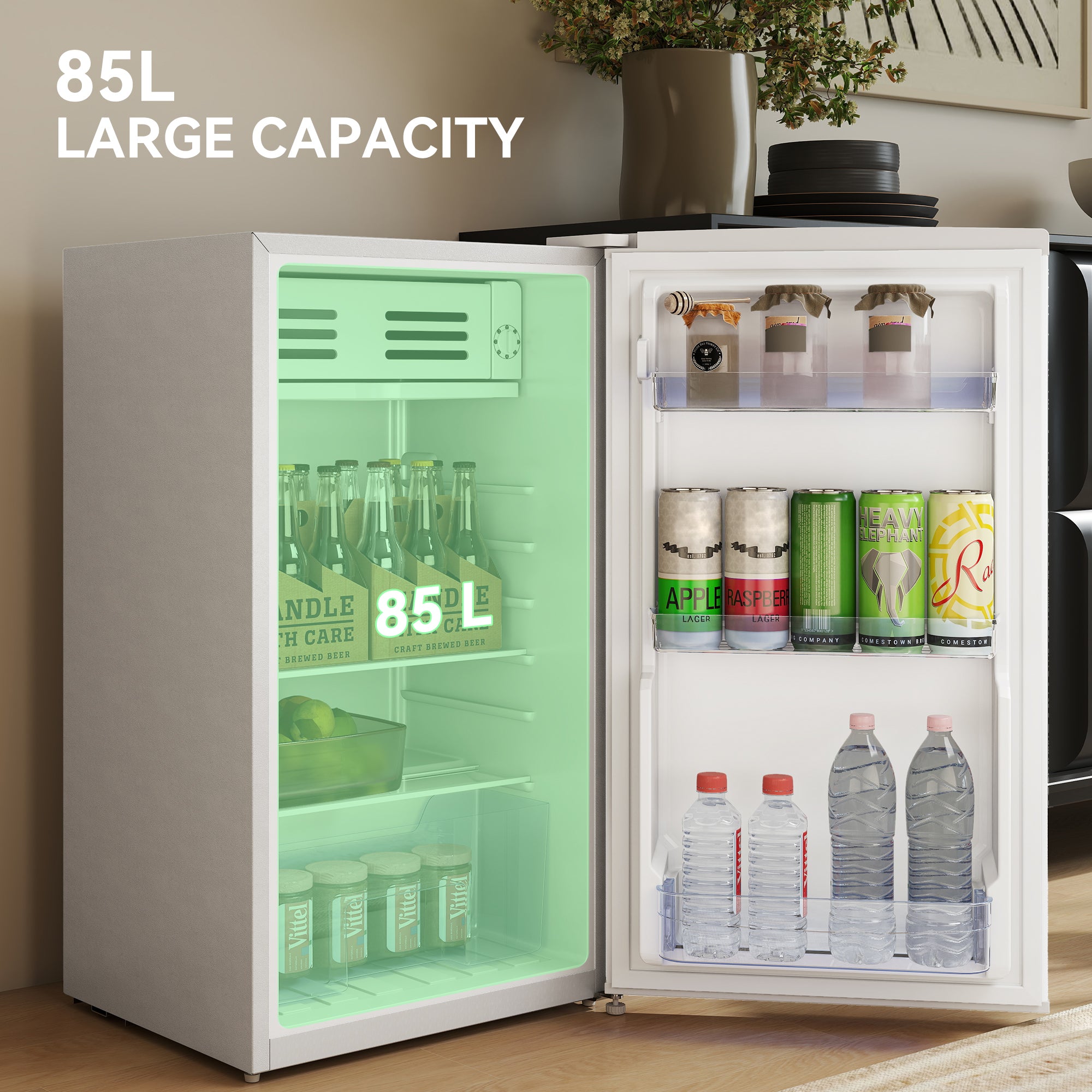 HOMCOM Under Counter Fridge, 85L Small Retro Refrigerator with Chiller Box, Adjustable Thermostat, Glass Shelves, White - North Peak Garden Furniture