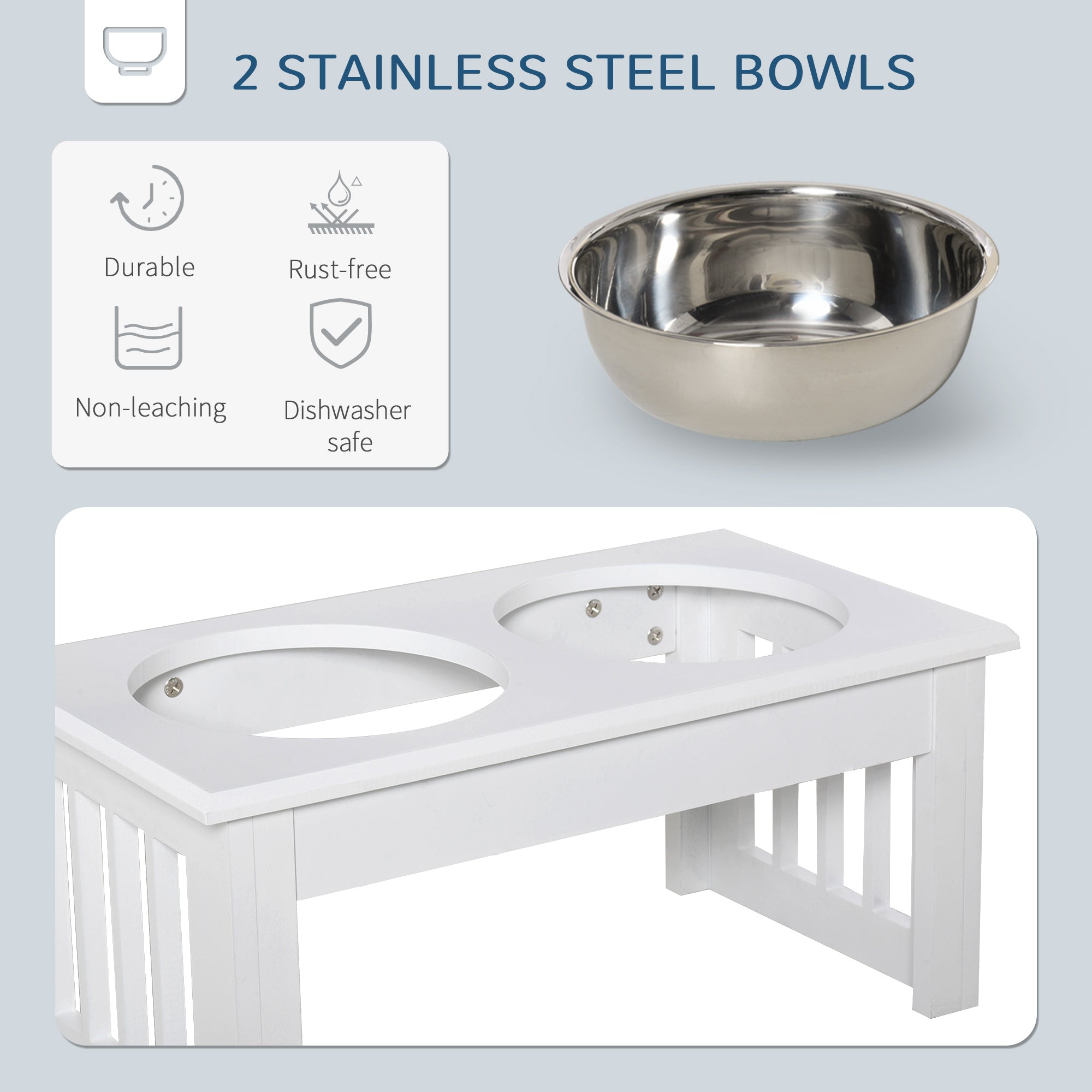 PawHut Raised Dog Feeding Bowls with Stand, Stainless Steel for Extra Small and Small Dog, 44L x 24W x 15H cm - White - North Peak Garden Furniture