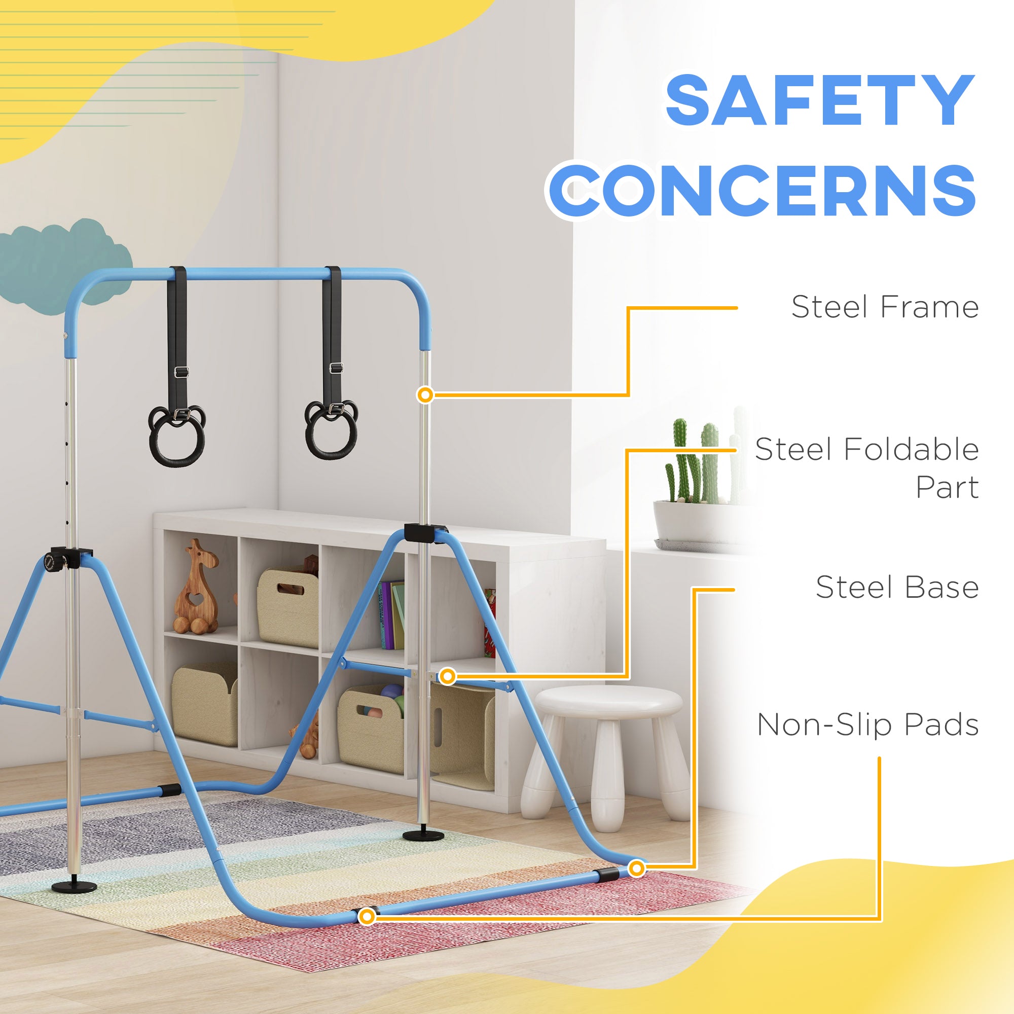 HOMCOM Adjustable Height, Foldable Kids Gymnastics Bar w/ Non-Slip Mats, for 3+ Years, Blue - North Peak Garden Furniture