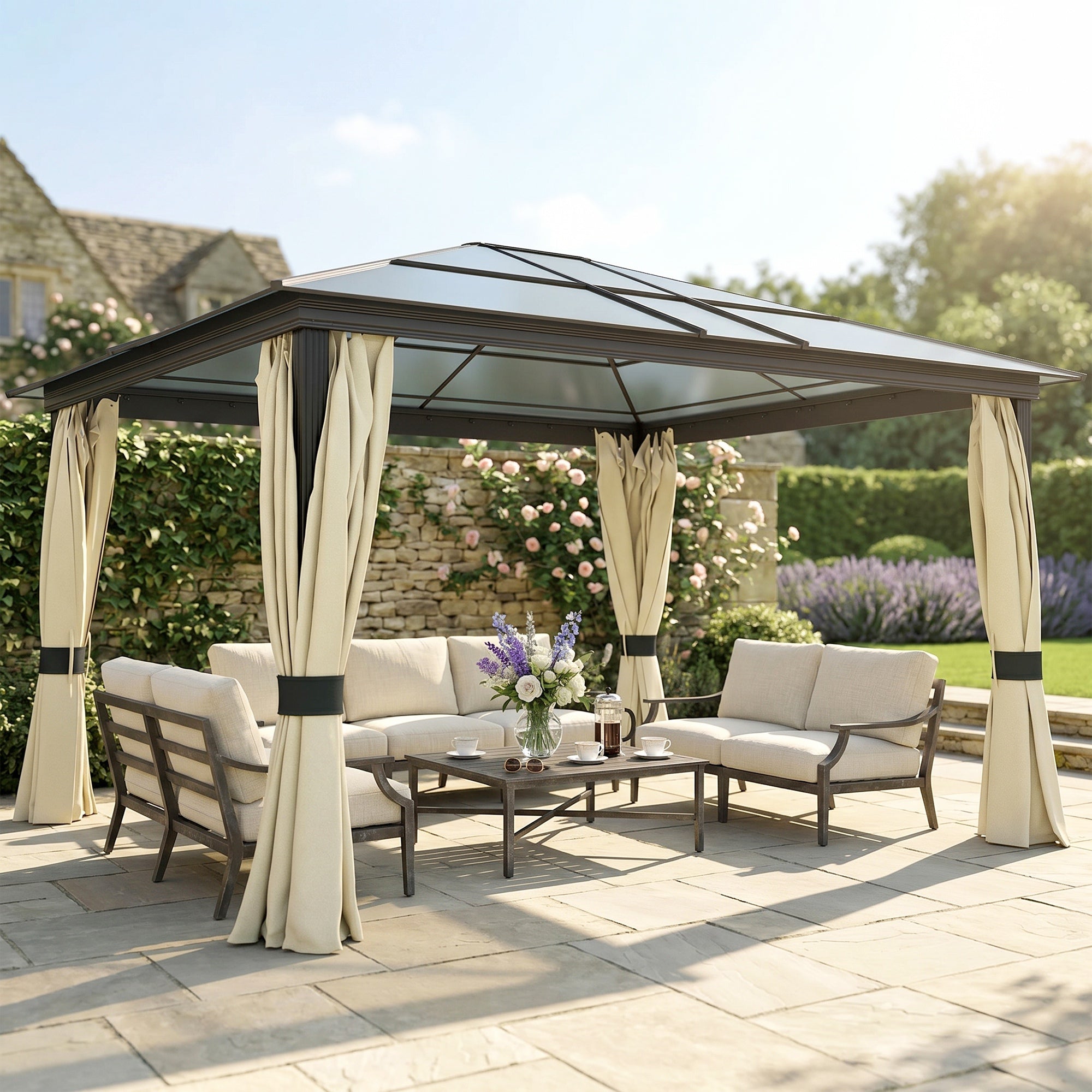 Outsunny 3.6 x 4m Hardtop Gazebo Canopy with Polycarbonate Roof and Aluminium Frame, Garden Pavilion with Mosquito Netting and Curtains