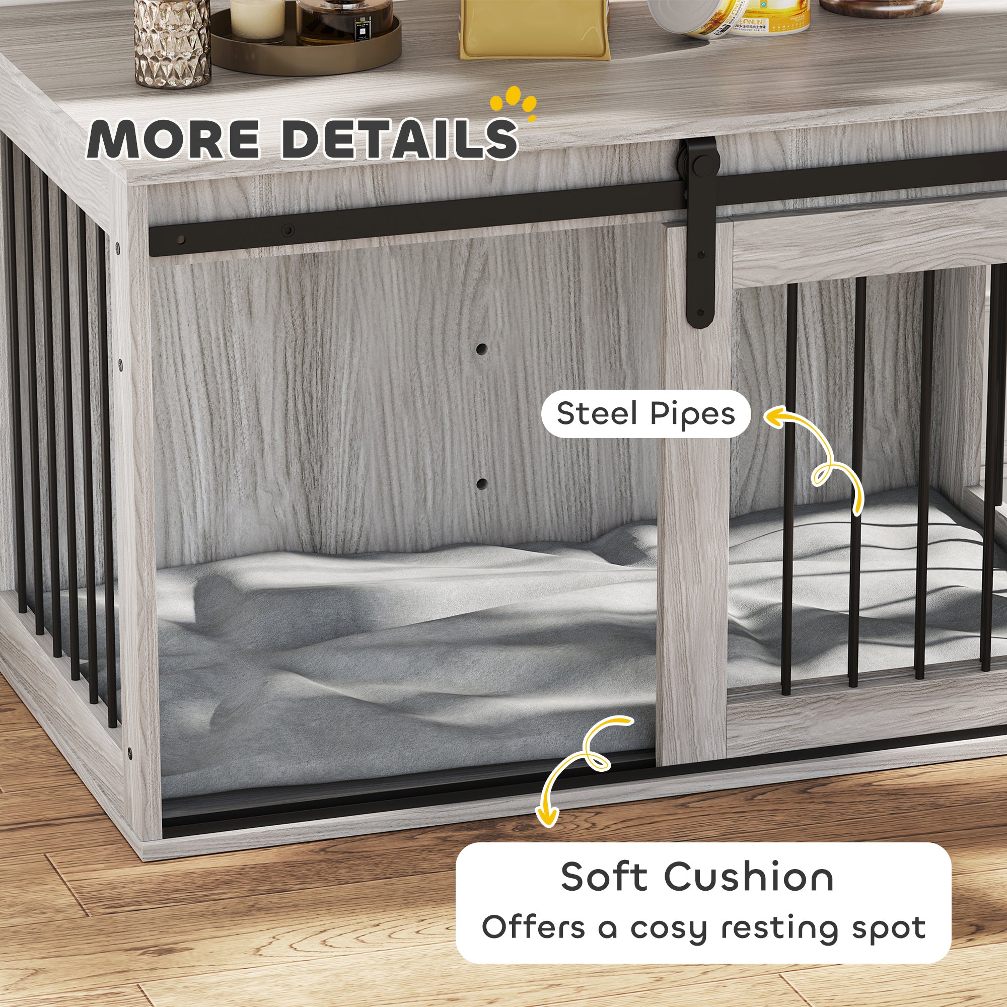 PawHut 98cm Dog Crate Furniture with Removable Cushion for Large Dogs - Grey - North Peak Garden Furniture