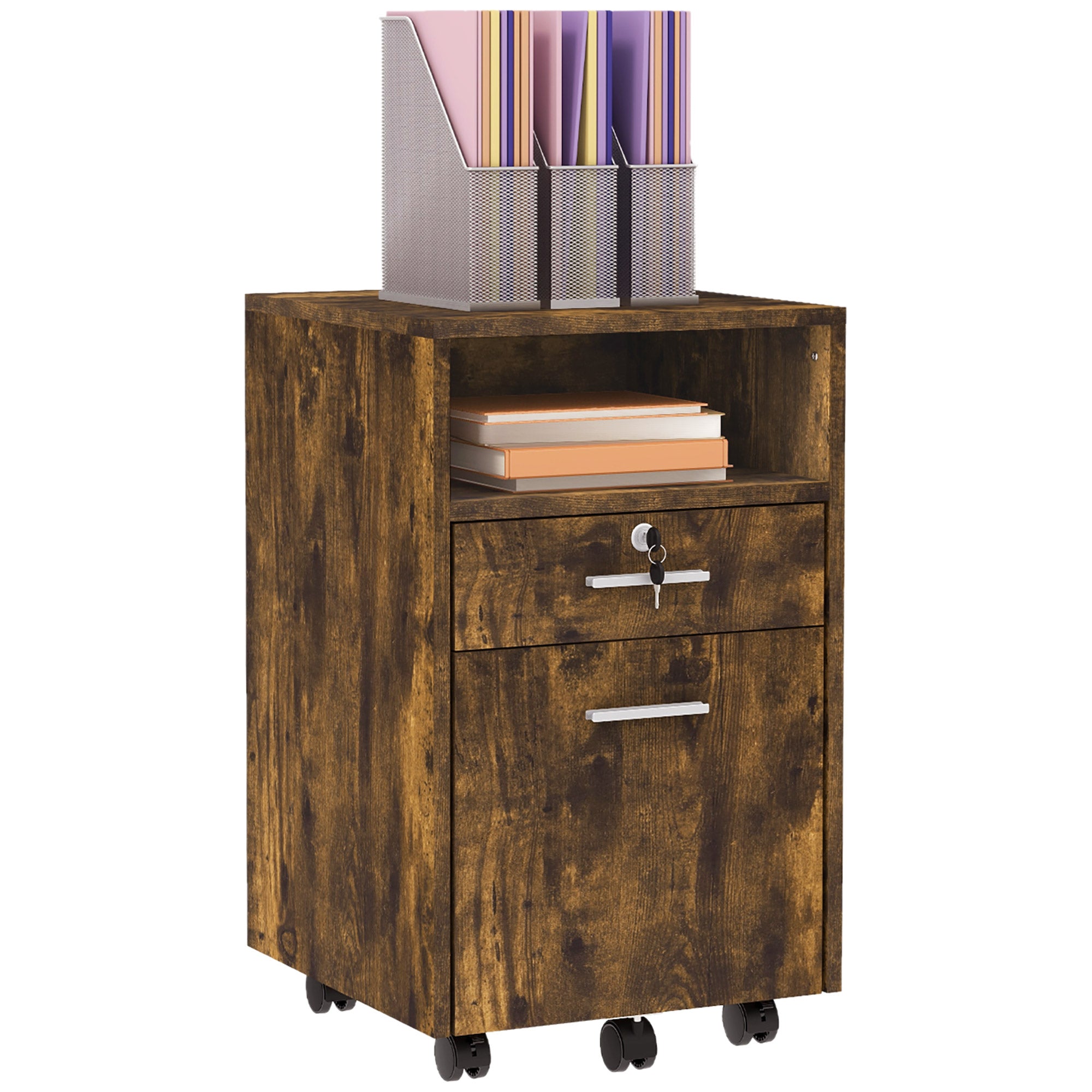 Vinsetto Lockable Two-Drawer Filing Cabinet, with Wheels - Wood-Effect - North Peak Garden Furniture