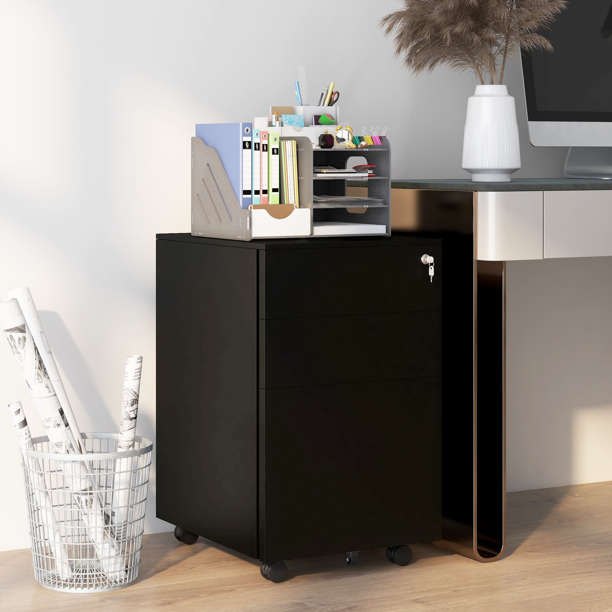 Vinsetto 3-Drawer Vertical Filing Cabinet with Pencil Tray, Lock and 5 Wheels, Steel Mobile File Cabinet, for A4, Legal and Letter Size, Pre-Assembled Body, Black - North Peak Garden Furniture