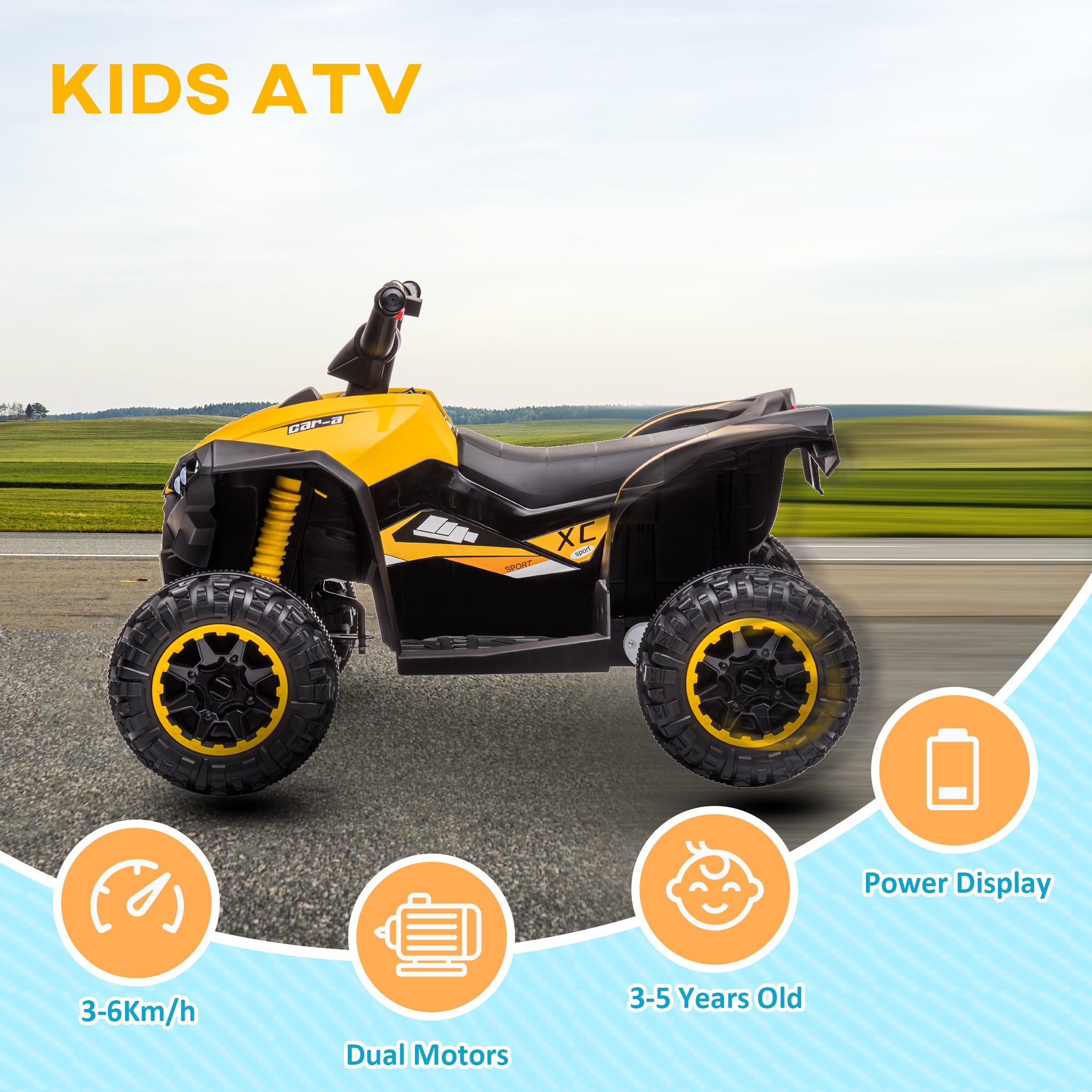HOMCOM 12V Ride-On Quad Bike w/ Music, Horn, for Ages 3+ Years - Yellow - North Peak Garden Furniture
