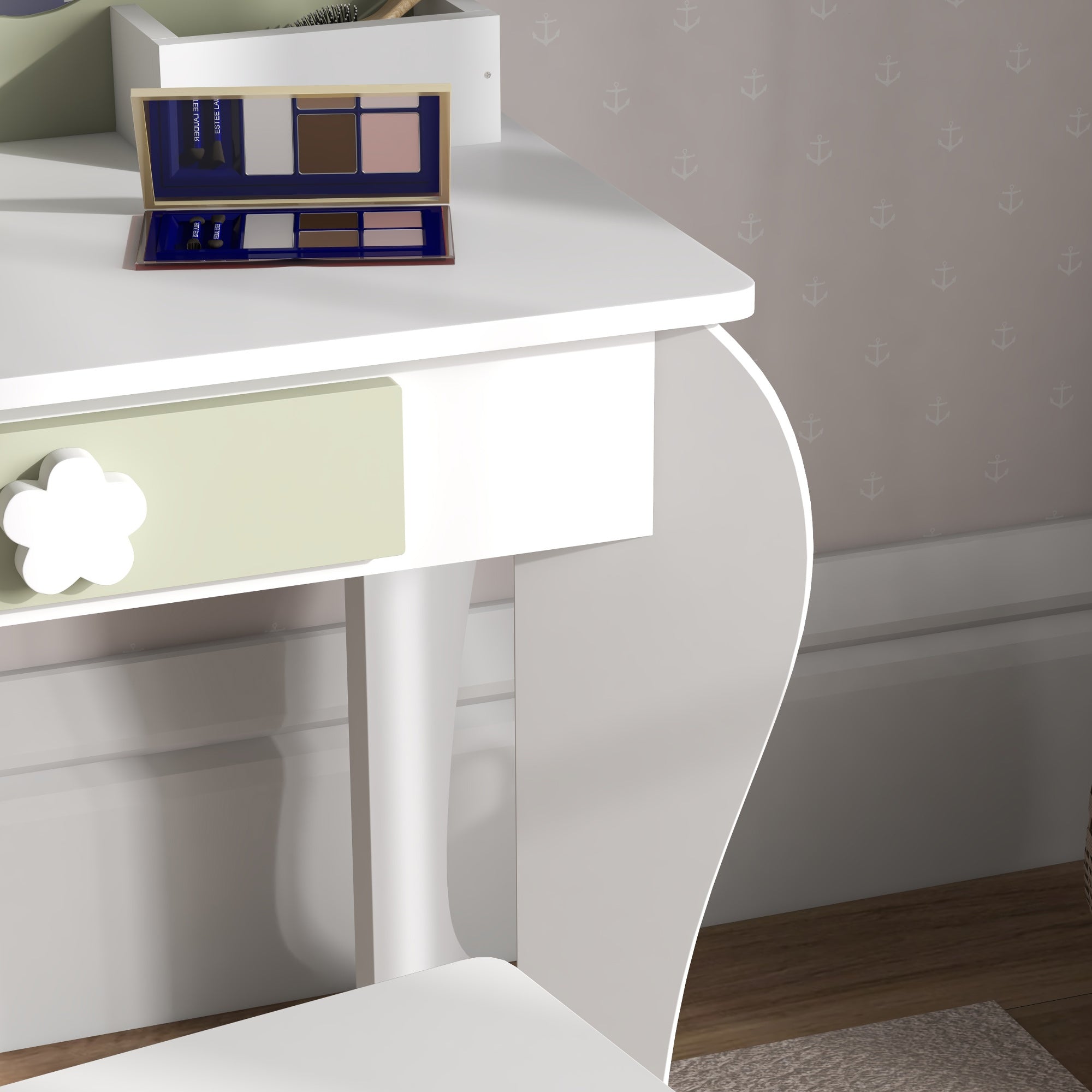 ZONEKIZ Kids Vanity Table with Mirror and Stool, Drawer, Storage Boxes, Flower Design, for Ages 3-6 Years - White - North Peak Garden Furniture