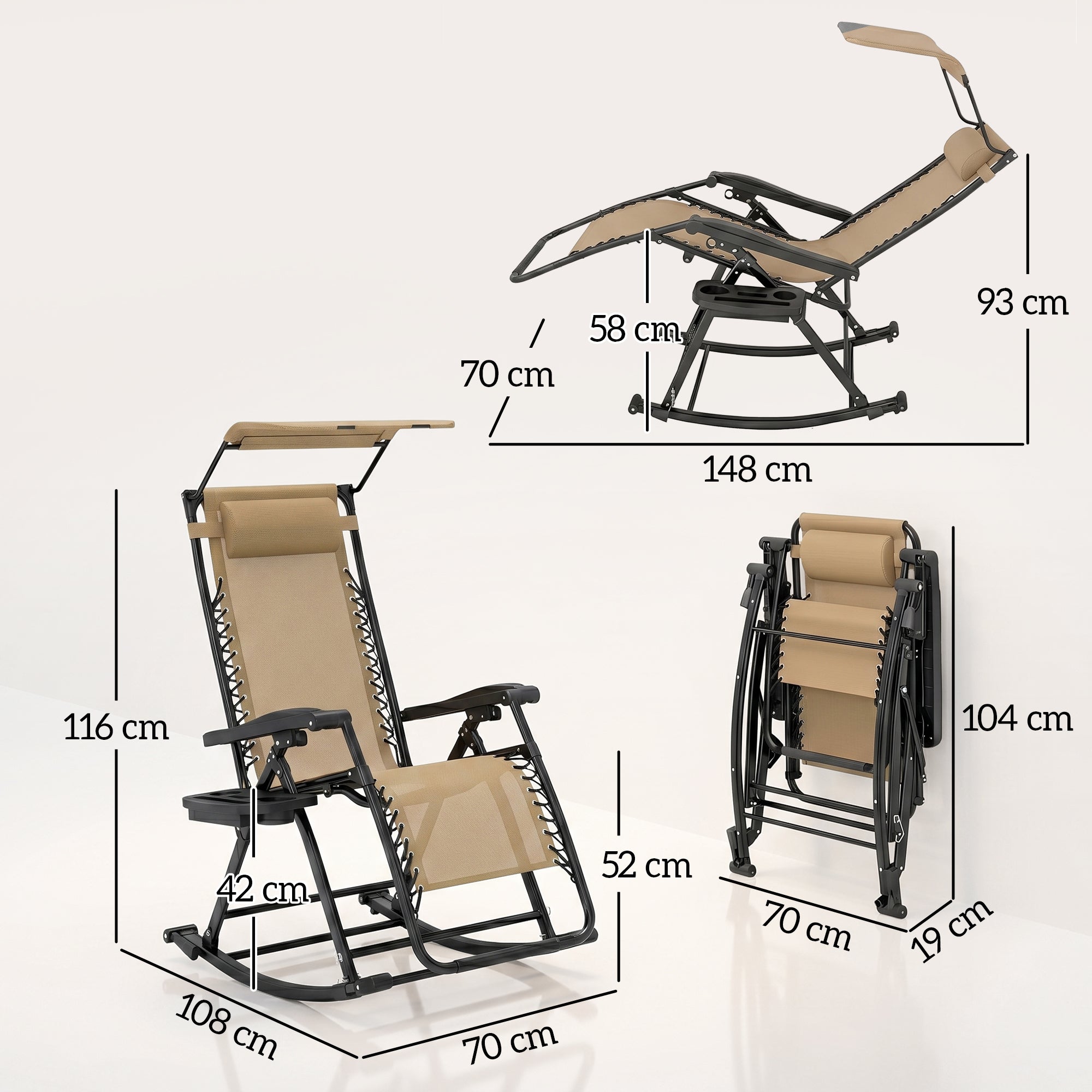 Outsunny Garden Rocking Chair Folding Recliner Outdoor Adjustable Sun Lounger Rocker Zero-Gravity Seat with Headrest Side Holder Patio Deck - Beige