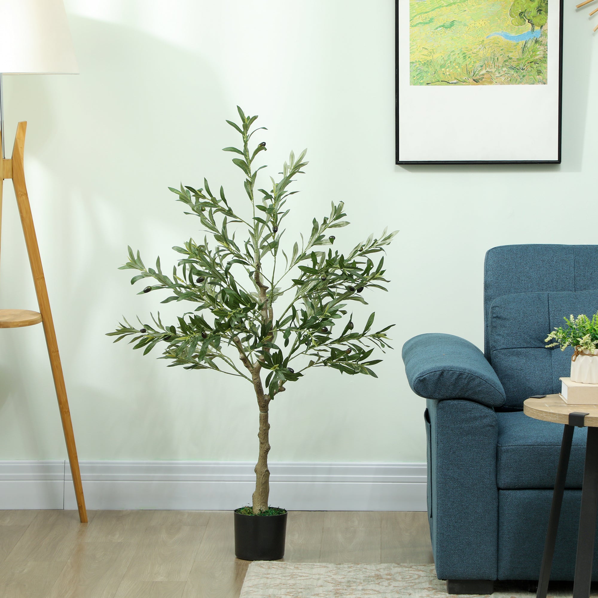 HOMCOM 4ft/ 120cm Decorative Artificial Plant, Silk Olive Tree with 450 Leaves and 20 Olive Fruits in Pot, Fake Plant for Home, Office, Living Room, Indoor Decor - North Peak Garden Furniture