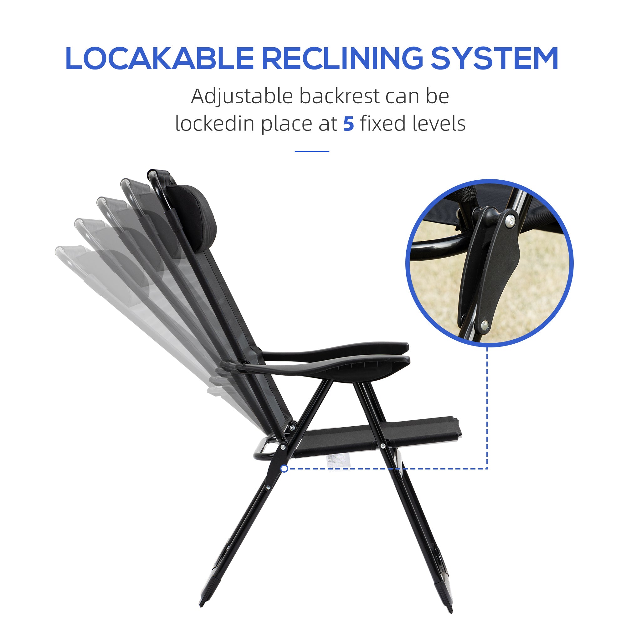 Outsunny Set of 2 Portable Folding Recliner Metal Outdoor Patio Chaise Lounge Chairs with Adjustable Backrest, Black - North Peak Garden Furniture