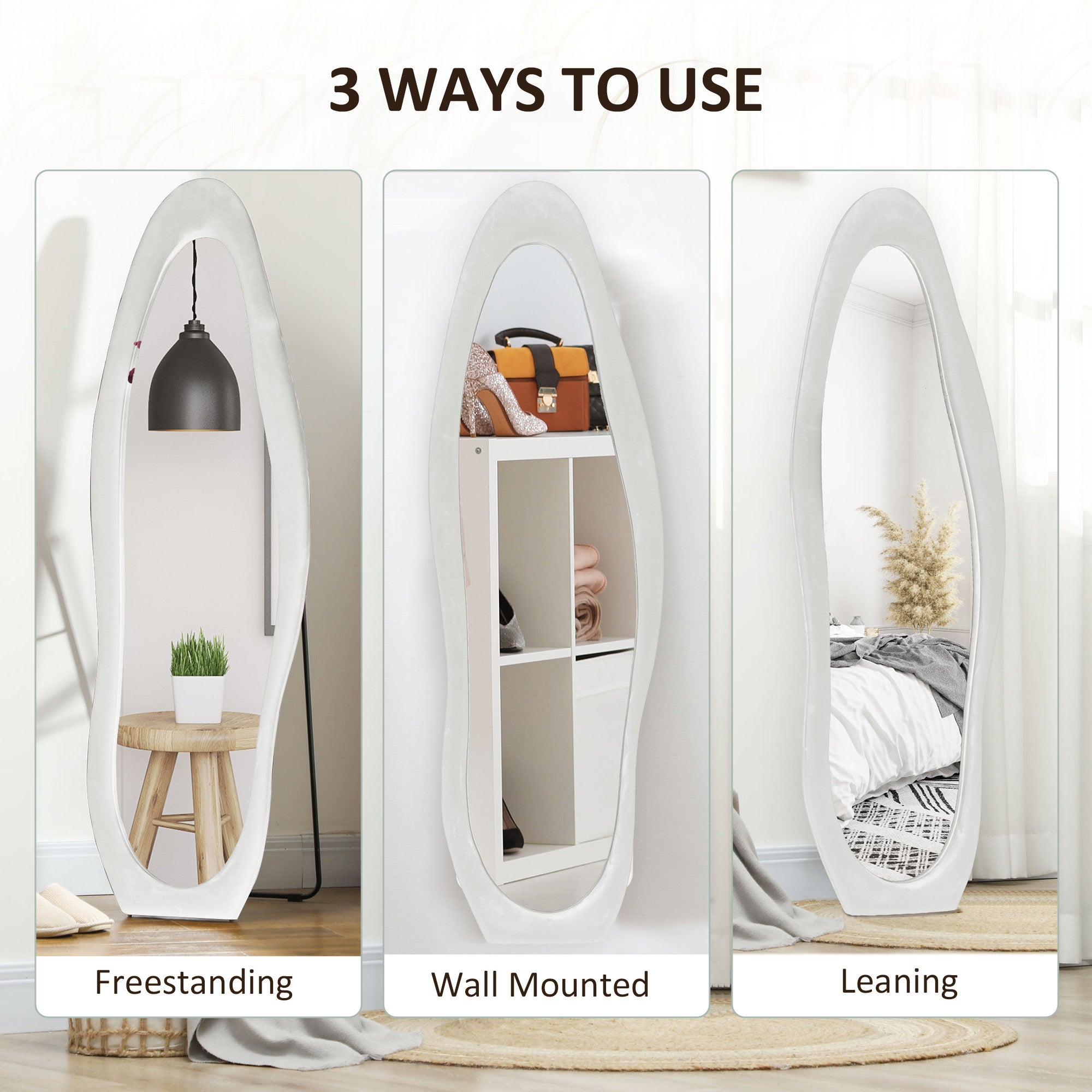 HOMCOM Wavy Velvet-Feel Full Length Mirror - White - North Peak Garden Furniture