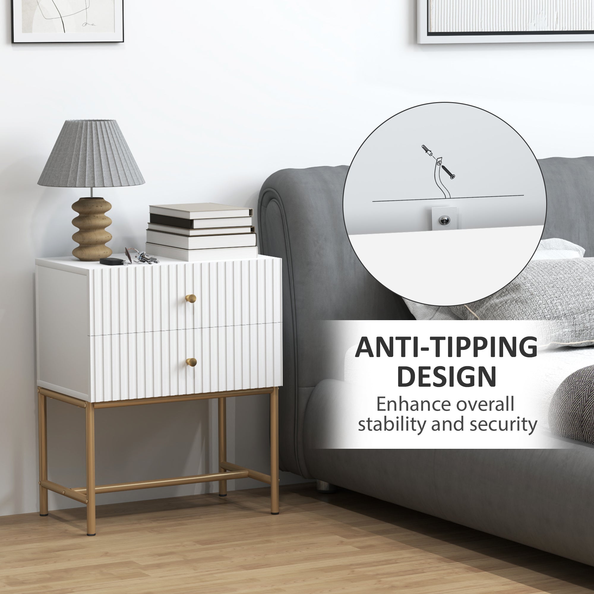 HOMCOM Elegant Two-Drawer Bedside Table - White - North Peak Garden Furniture
