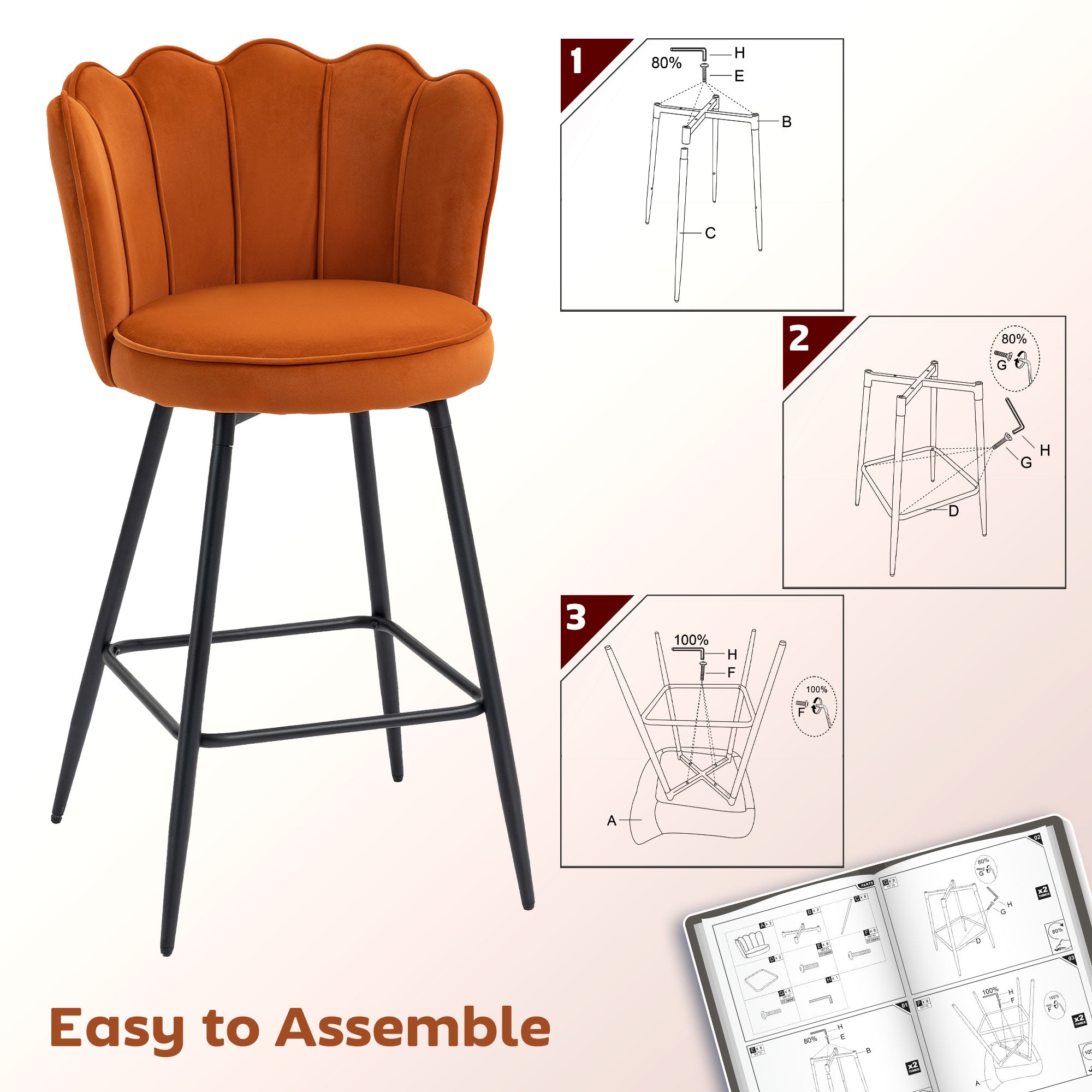 HOMCOM Set of Two Velvet-Feel Lotus Bar Stools - Orange