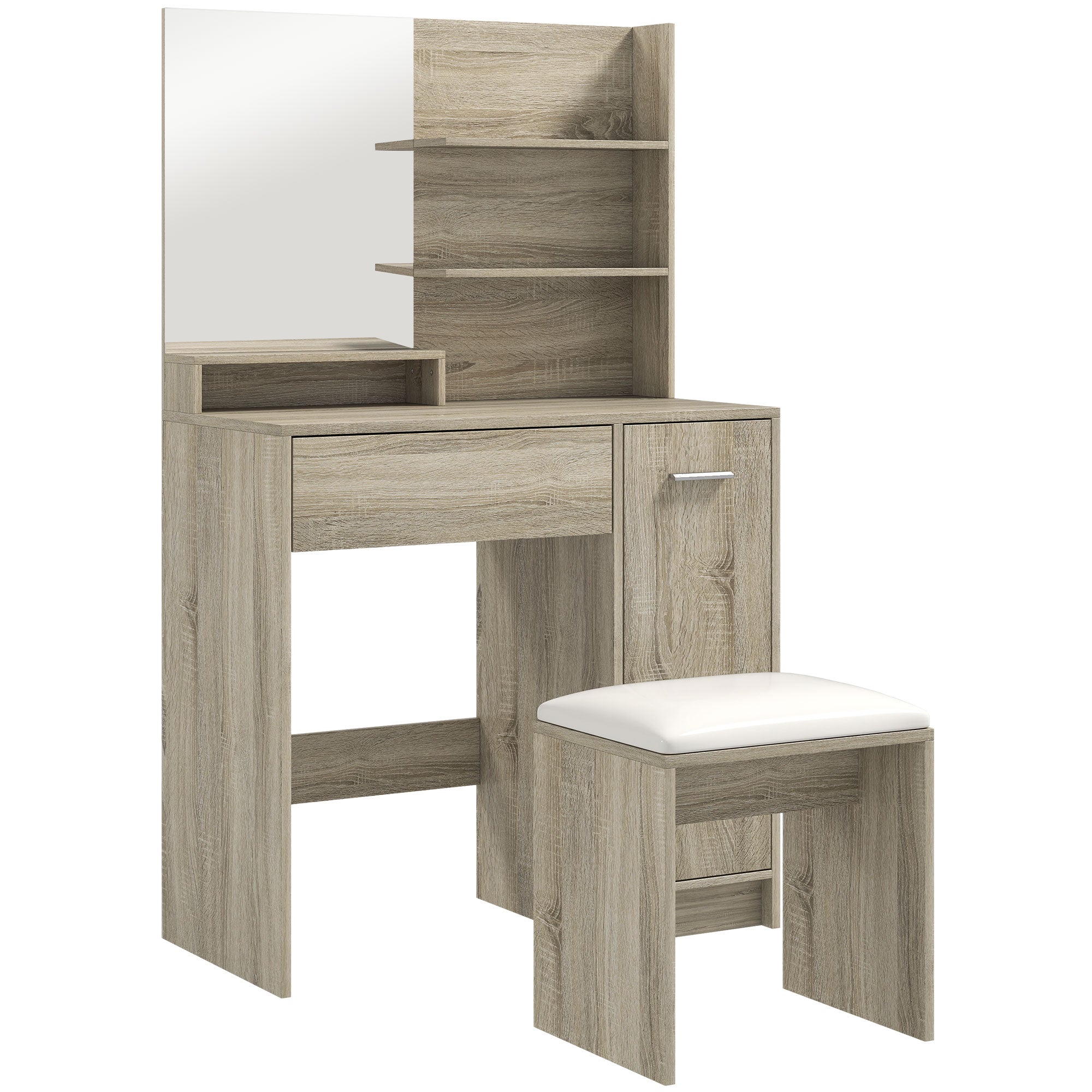 HOMCOM Dressing Table and Stool Set, with Storage - Natural Wood Finish - North Peak Garden Furniture