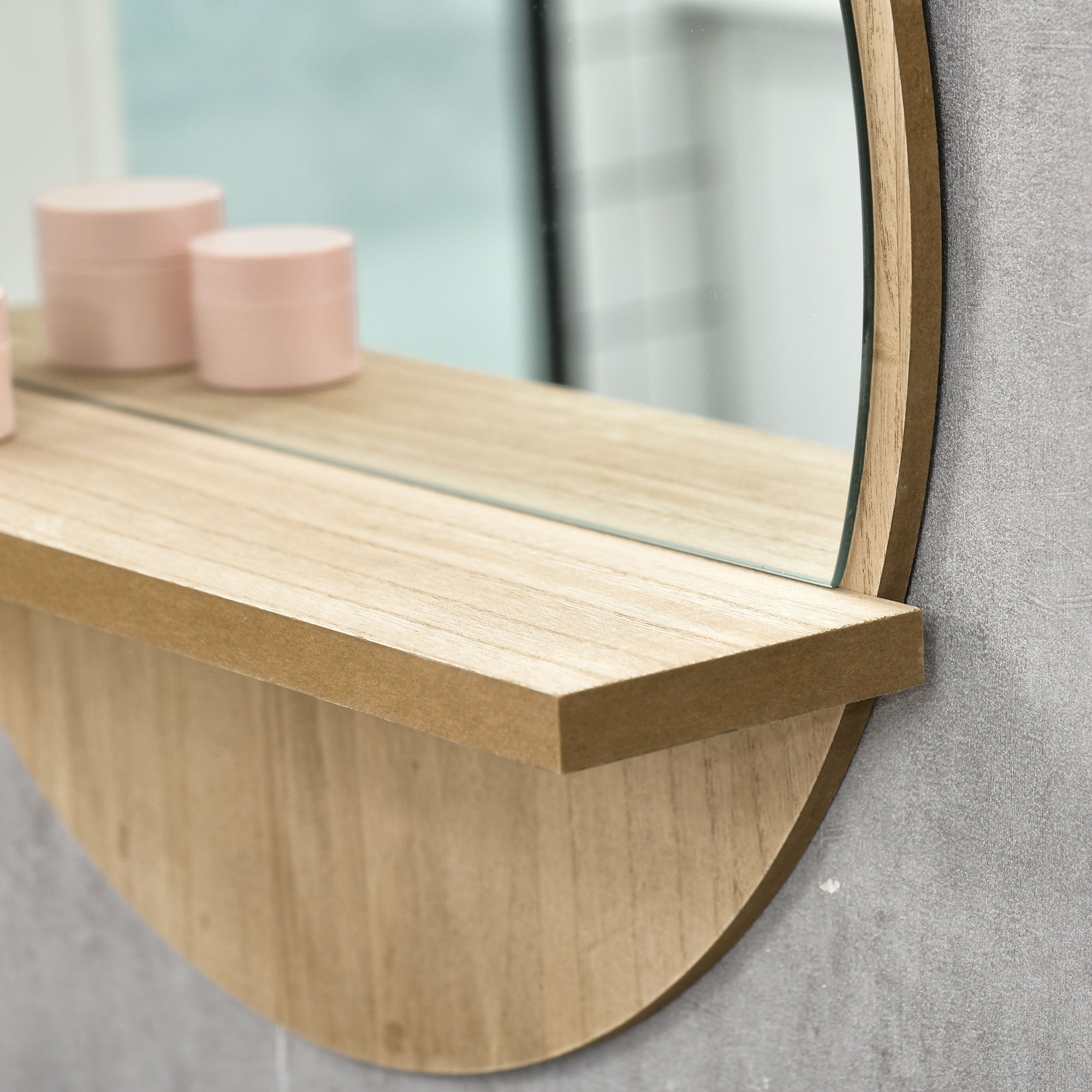 kleankin 45cm Round Home Mirror, with Shelf - Natural Wood Effect - North Peak Garden Furniture
