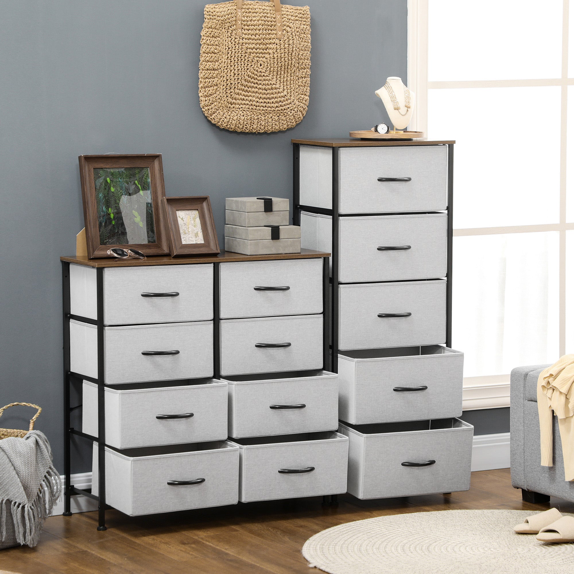 HOMCOM Fabric Chest of Drawers, Storage Drawers, Industrial Bedroom Dresser with 8 Fabric Drawers, Steel Frame and Wooden Top for Nursery, Living Room, Hallway, Grey - North Peak Garden Furniture