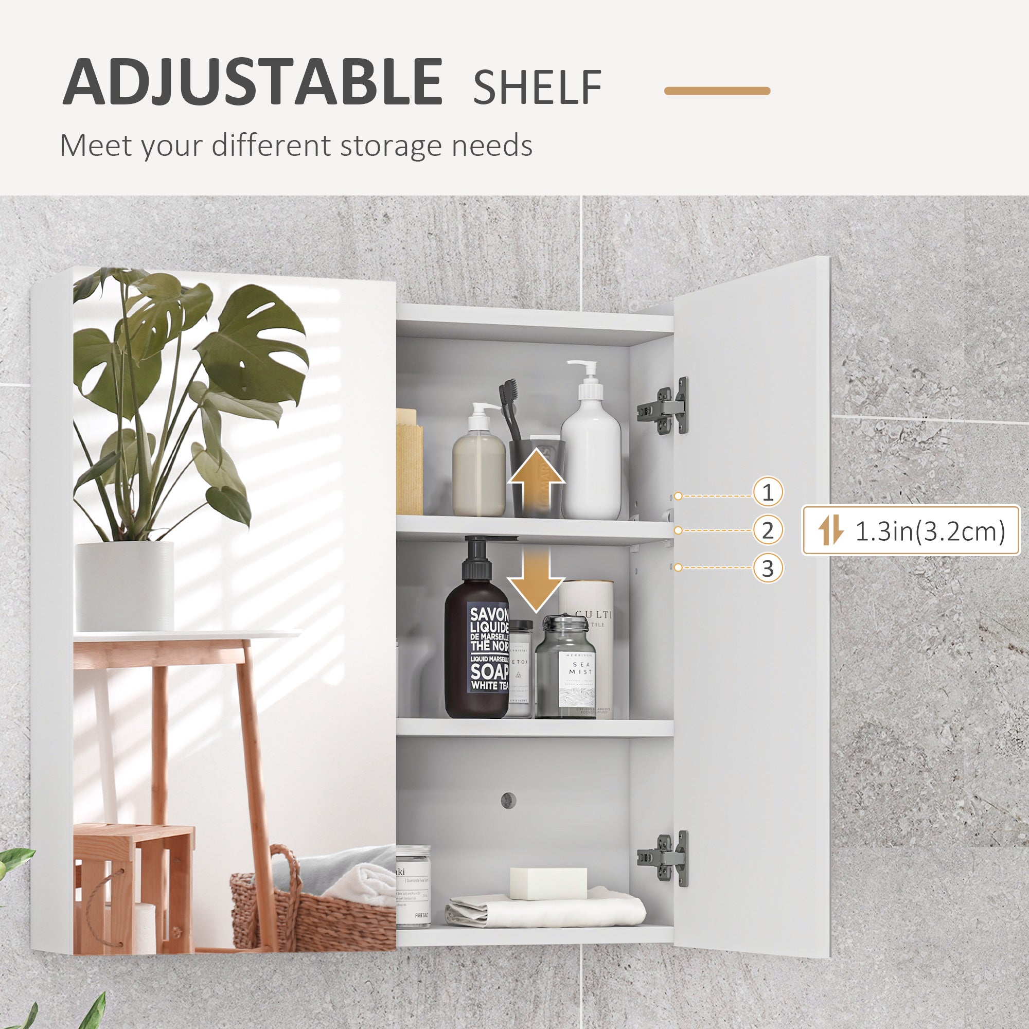 kleankin Bathroom Mirror Cabinet, Wall Mounted Bathroom Storage Cupboard with Adjustable Shelf, 60W x 15D x 60Hcm, High Gloss White - North Peak Garden Furniture