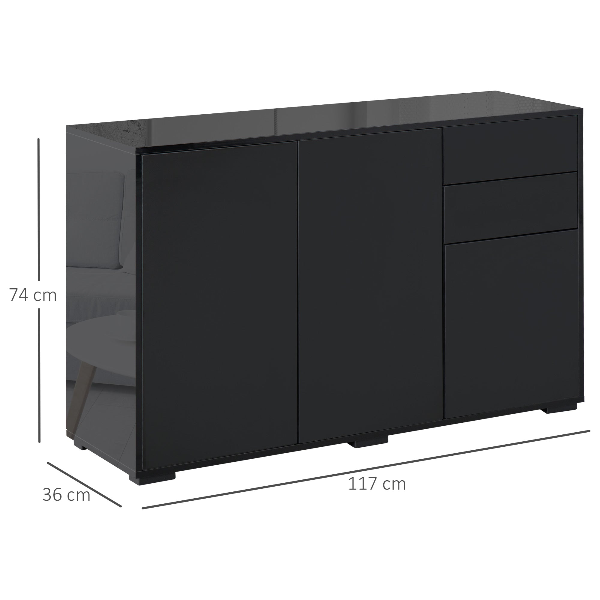 HOMCOM High Gloss Sideboard, Side Cabinet, Push-Open Design with 2 Drawer for Living Room, Bedroom, Black