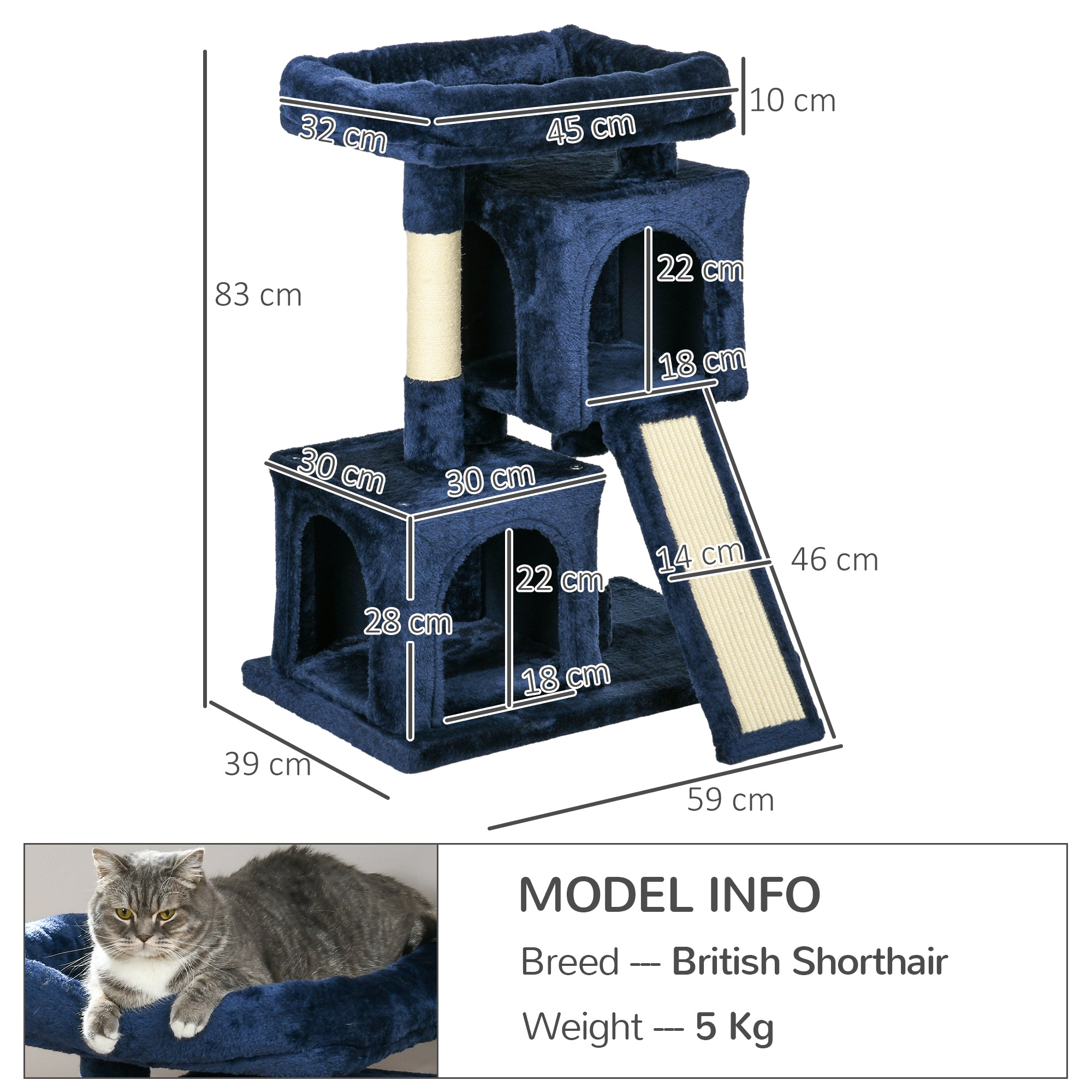 PawHut Sisal Cat Rest & Play Activity Tree w/ 2 House Navy Blue - North Peak Garden Furniture
