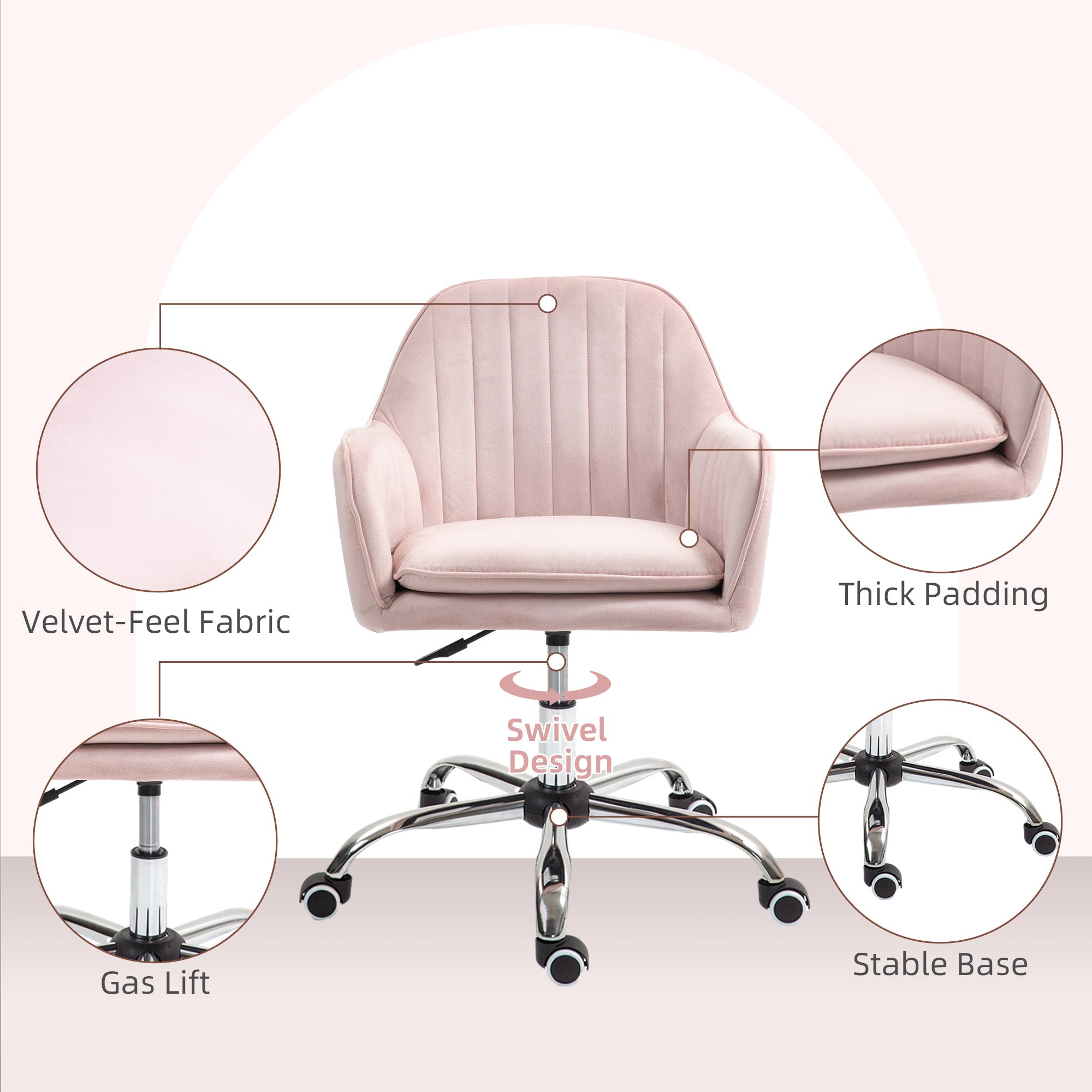 HOMCOM Velvet-Feel Tub Office Chair, with Seat Cushion - Pink - North Peak Garden Furniture