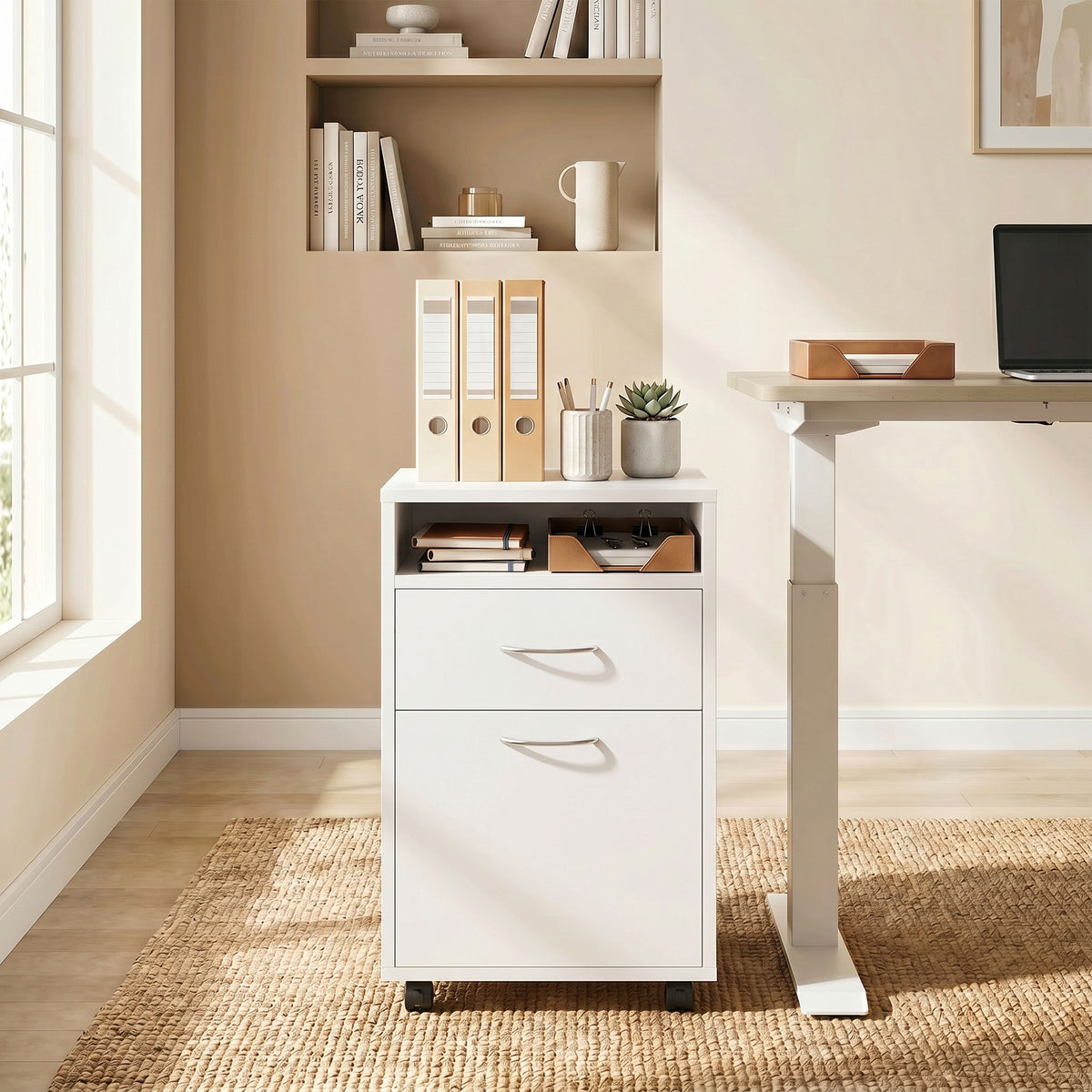 HOMCOM 60cm Storage Cabinet with Drawer, Open Shelf, Metal Handles and 4 Wheels, Office Home Organiser Mobile Printer, White