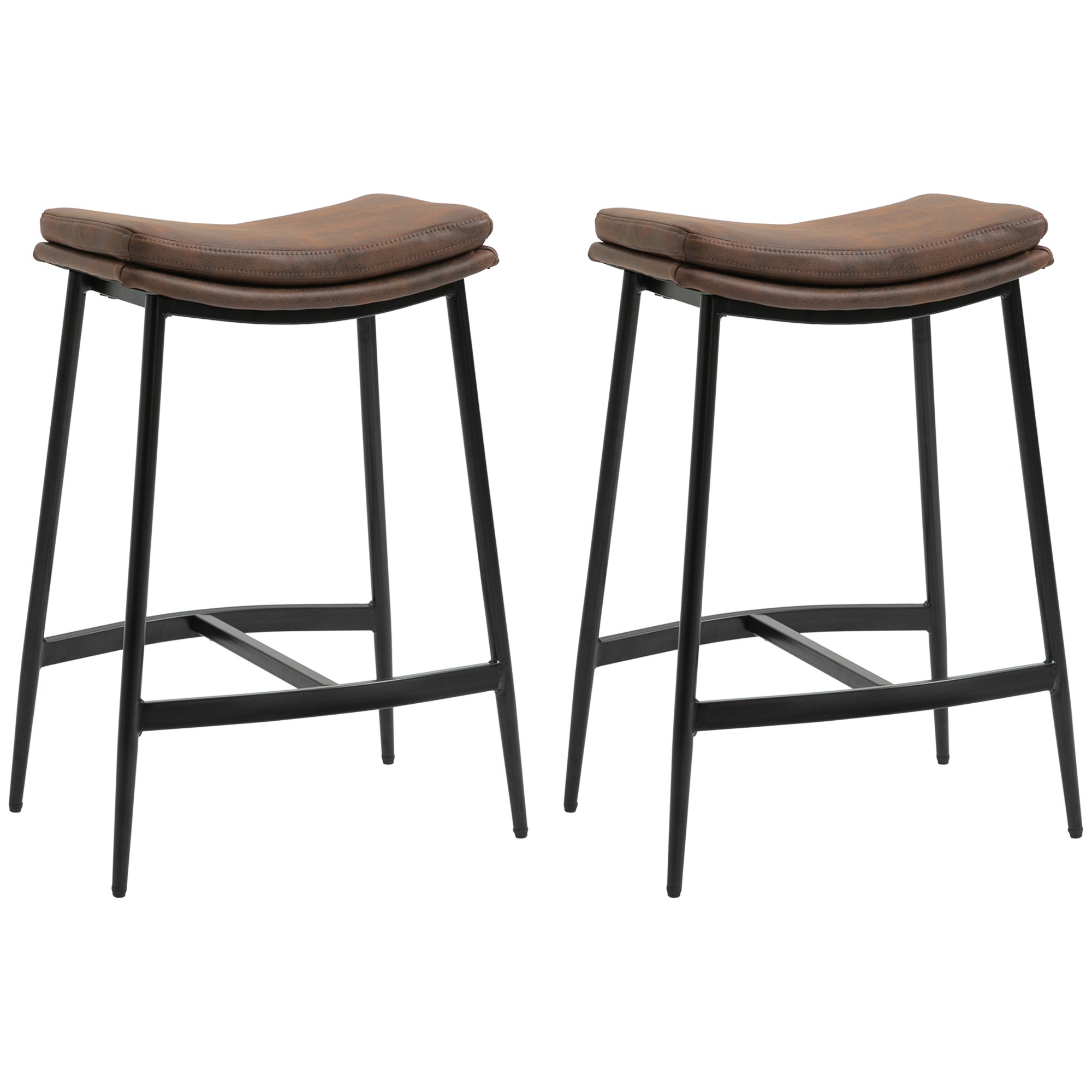 HOMCOM Breakfast Bar Stools Set of 2, Microfibre Upholstered Barstools, Industrial Bar Chairs with Curved Seat and Steel Frame for Dining Room, Kitchen, Brown