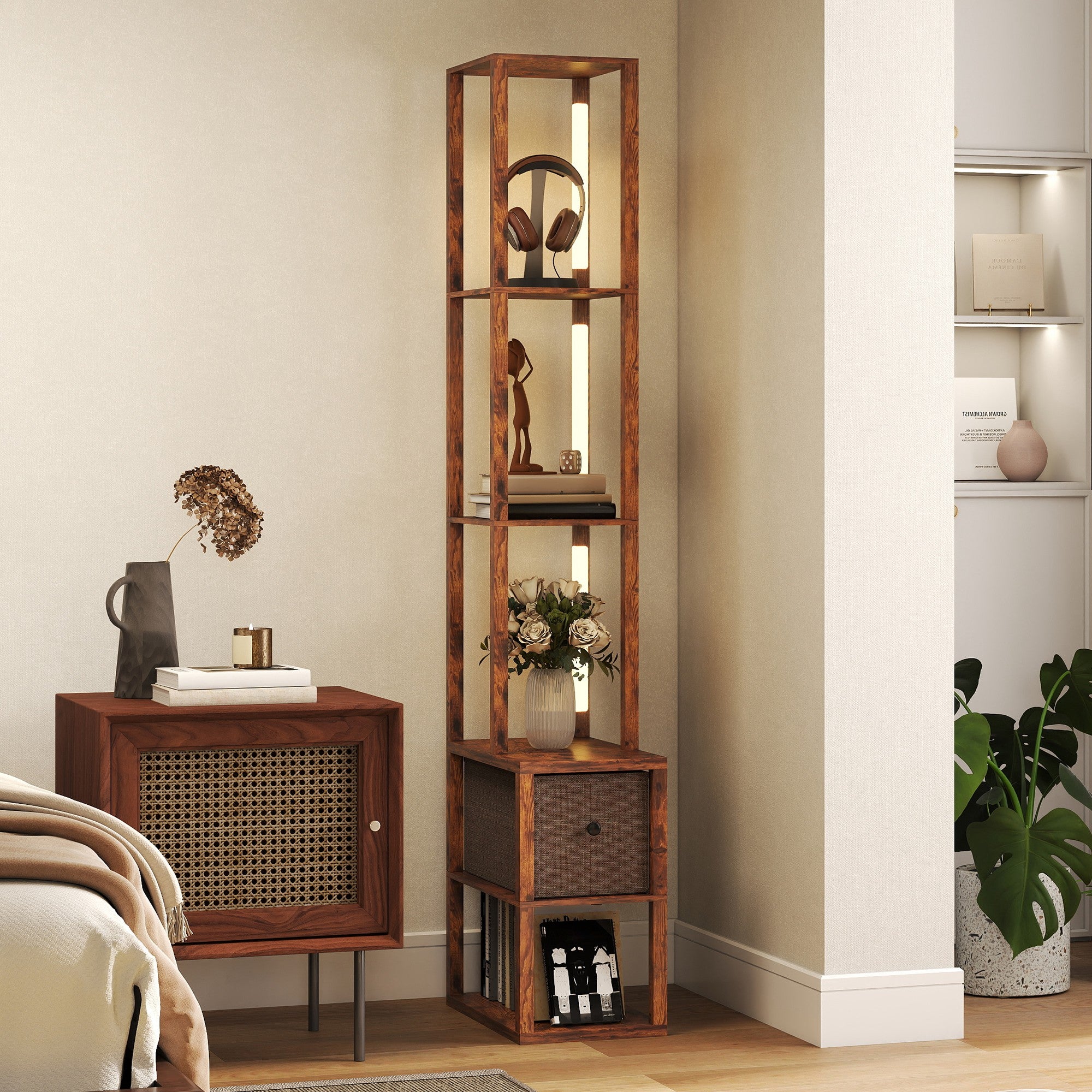 HOMCOM Floor Lamp with Shelves, LED Column Modern Standing Lamp with Fabric Drawer, Adjustable Brightness, Foot Switch for Living Room, Bedroom, Office, Rustic Brown