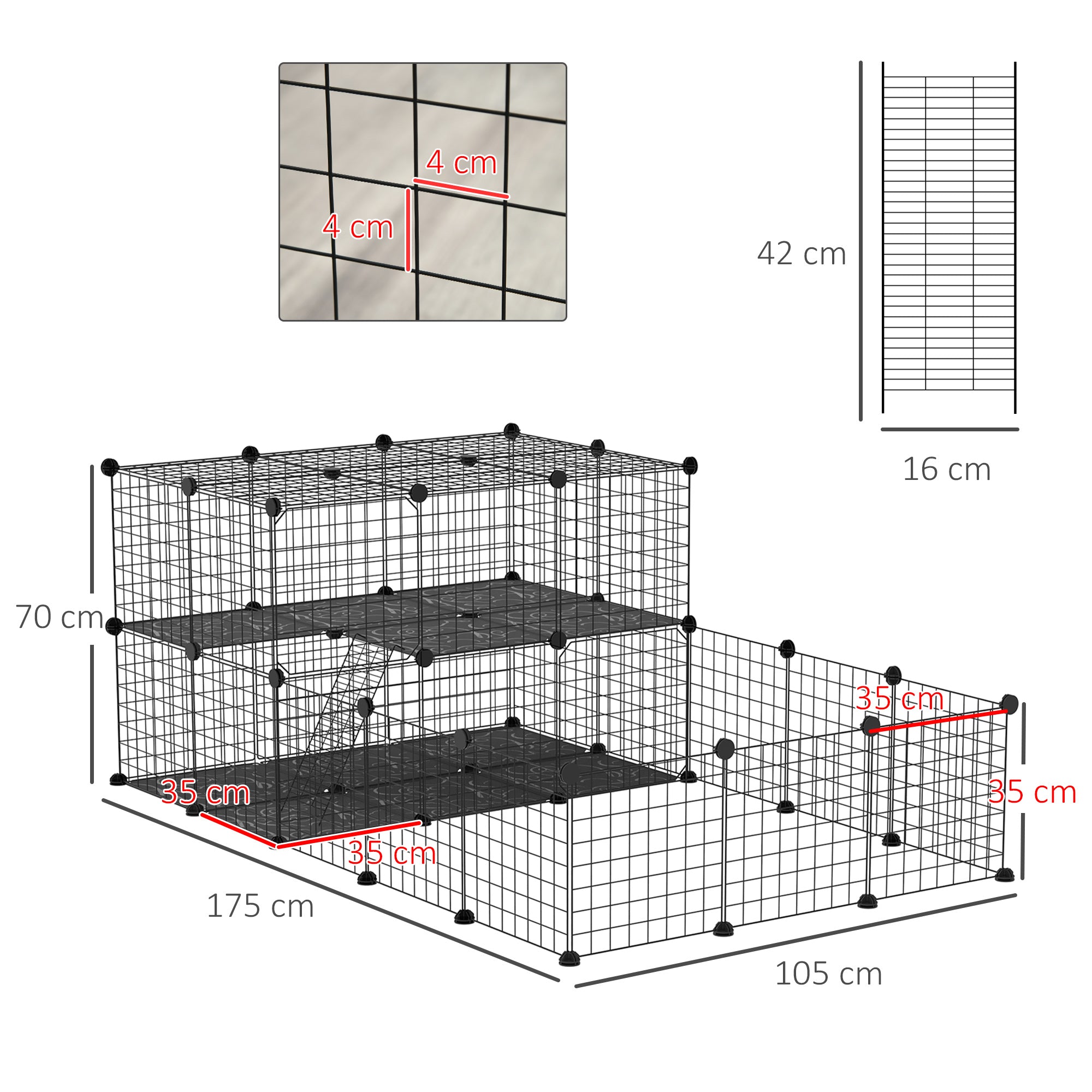 PawHut Pet Playpen with Door, Guinea Pigs Metal Mesh Cage for Small Animal, Chinchilla, 175 x 105 x 70 CM, Black
