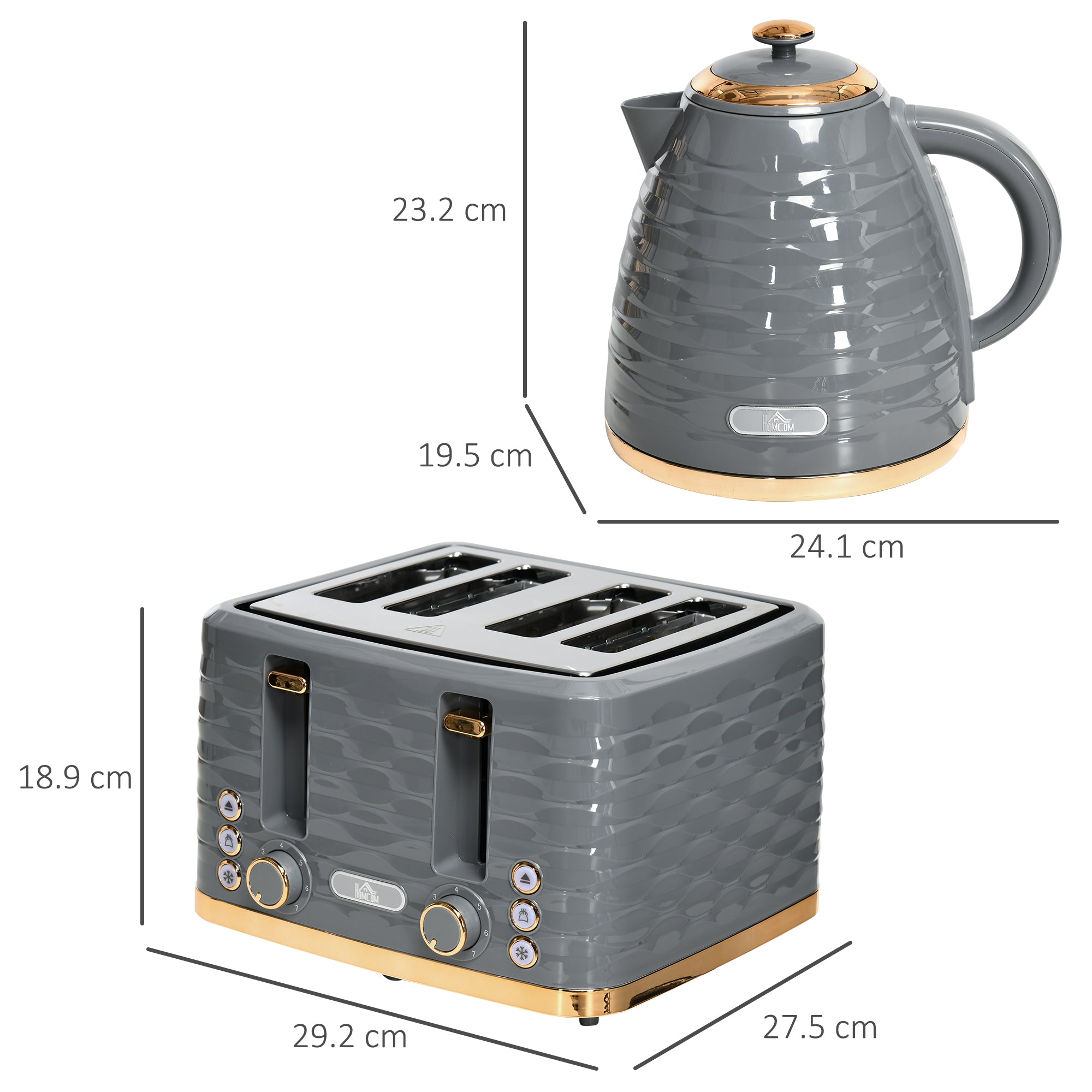 HOMCOM Kettle and Toaster Sets, 3000W 1.7L Rapid Boil Kettle & 4 Slice Toaster with 7 Browning Controls, Defrost, Reheat and Crumb Tray, Otter thermostat, Grey - North Peak Garden Furniture