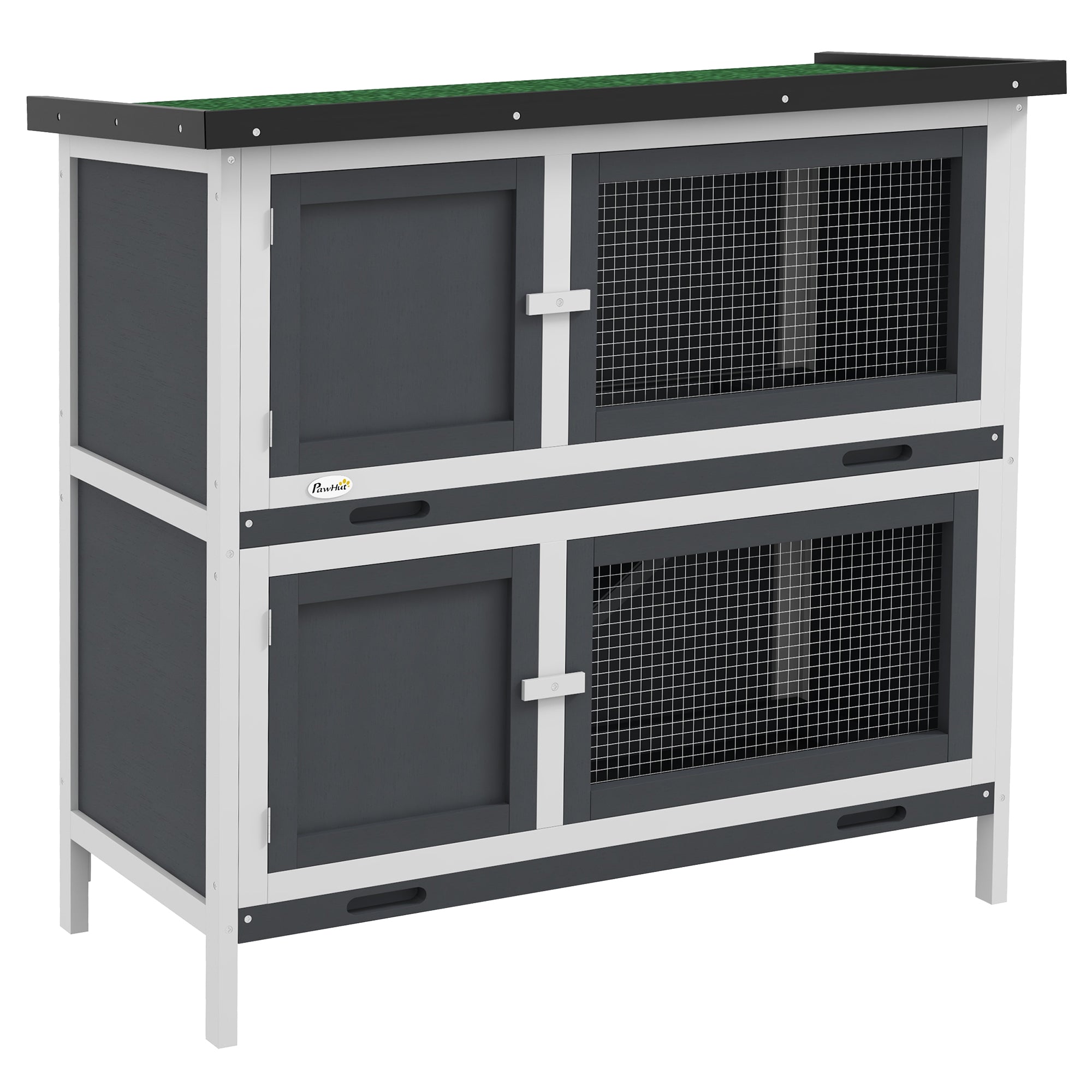 PawHut Double Decker Rabbit Hutch 2 Tier Guinea Pig House Pet Cage Outdoor with Sliding-out Tray, 100 x 47 x 91cm, Grey - North Peak Garden Furniture