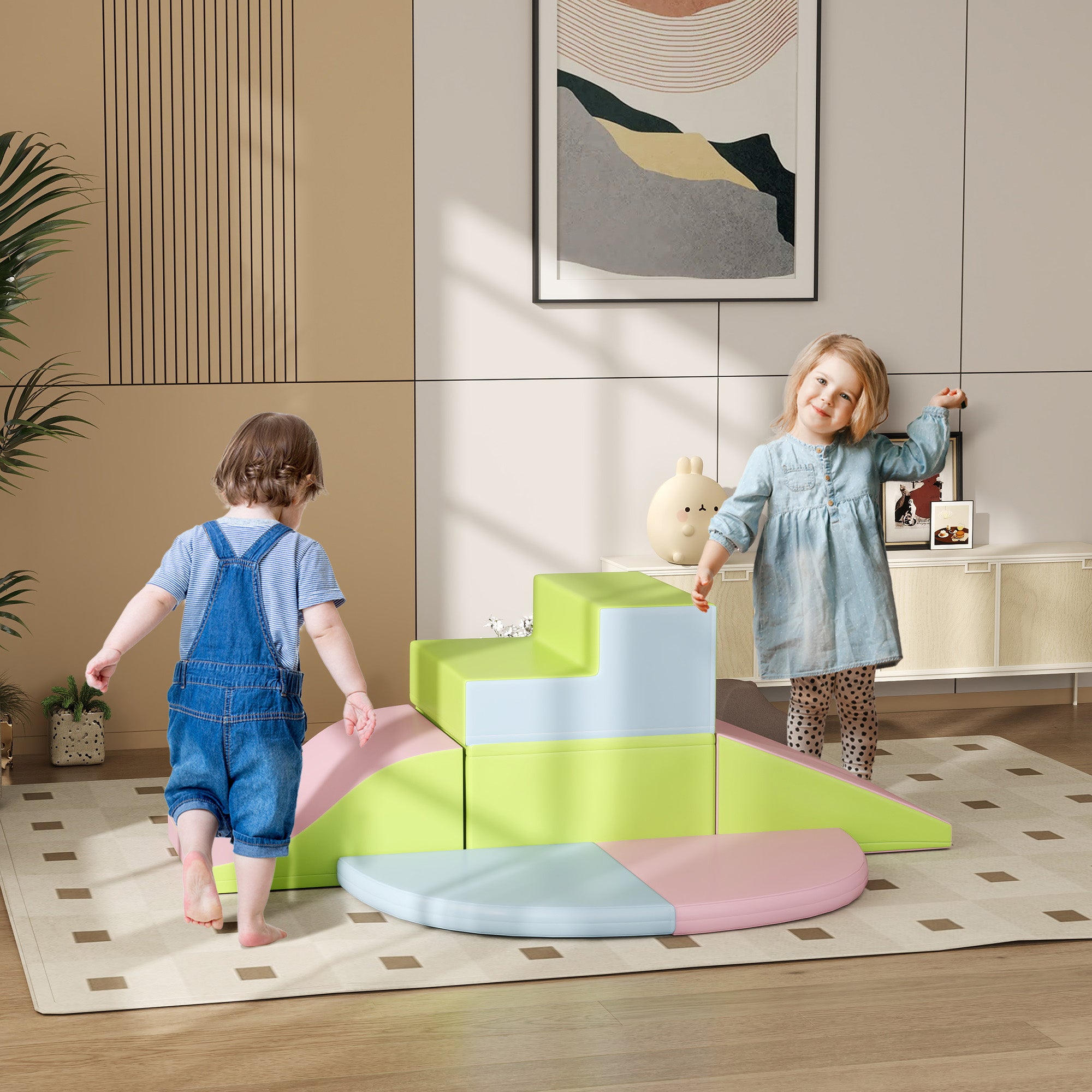 HOMCOM 6 Piece Soft Play Equipment for Kids Climb and Crawl, Pink - North Peak Garden Furniture