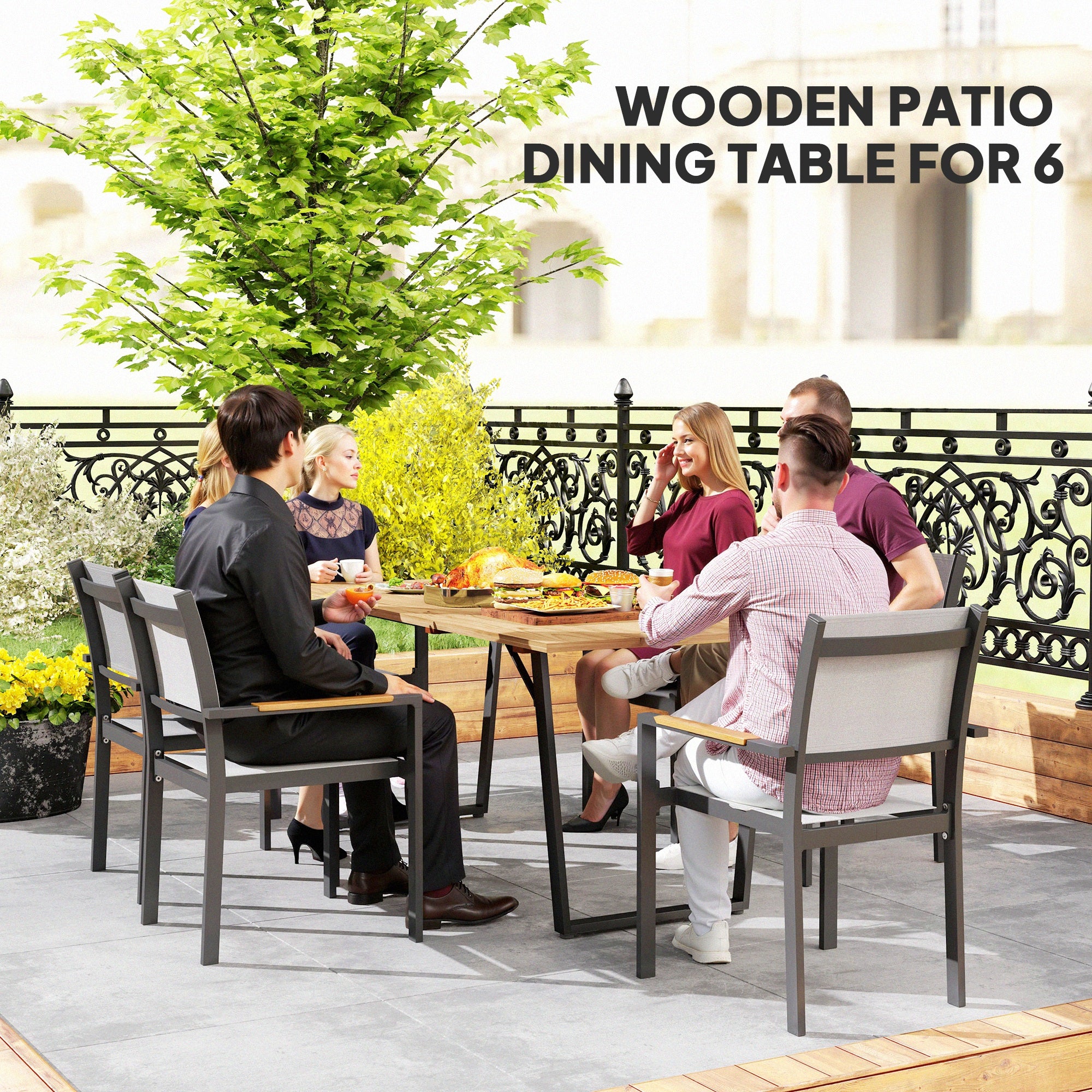 Outsunny Garden Table for 6, 175 x 80 cm Large Rectangle Outdoor Dining Table with 5cm Parasol Hole and Slatted Top, Weather Resistant Fir Wood Patio Table for Balcony, Terrace, Brown - North Peak Garden Furniture