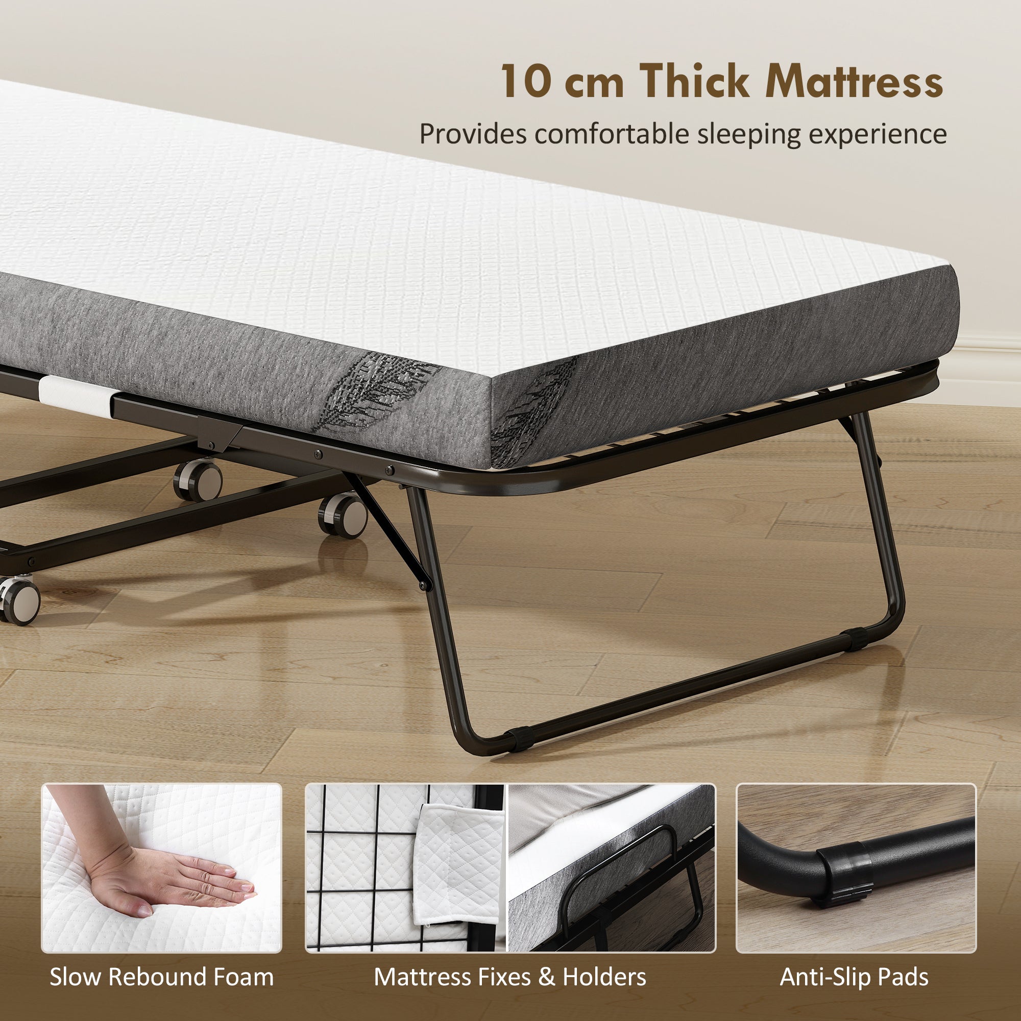HOMCOM Folding Bed with 10cm Mattress, Portable Foldable Guest Bed with Sturdy Metal Frame on Wheels
