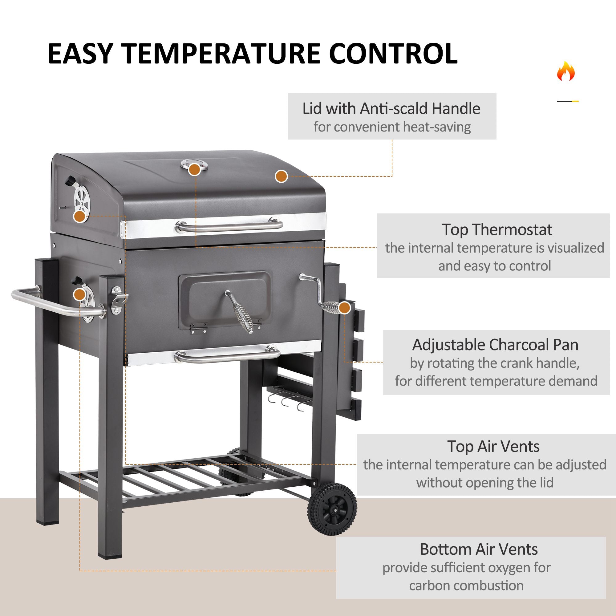 Outsunny Charcoal Grill BBQ Trolley with Adjustable Charcoal Grate, Garden Metal Smoker Barbecue with Shelf, Side Table, Wheels, Built-in Thermometer, Bottle Opener - North Peak Garden Furniture