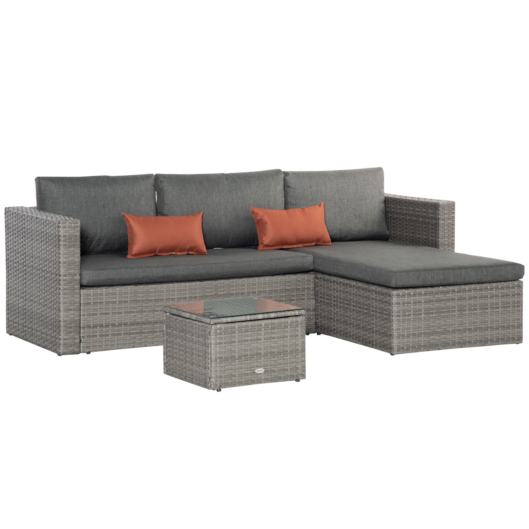 Outsunny PE Rattan Sofa Set Rattan Corner Sofa, 3 Pieces Outdoor Patio Wicker Conversation Chaise Lounge w/ Tempered Glass Table-top & Cushion Grey