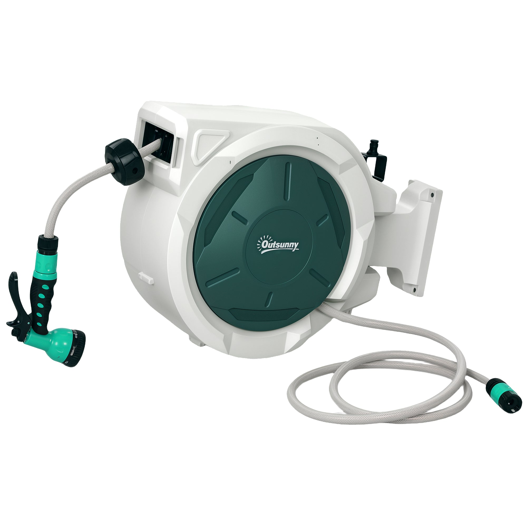 Outsunny Retractable Hose Reel Wall Mounted, 20+2m Garden Hose Pipe Reel with Lock, Auto Rewind, 7 in 1 Spray Nozzle, Includes Wall Fixings, 180° Swivel, Outdoor Watering, Light Grey