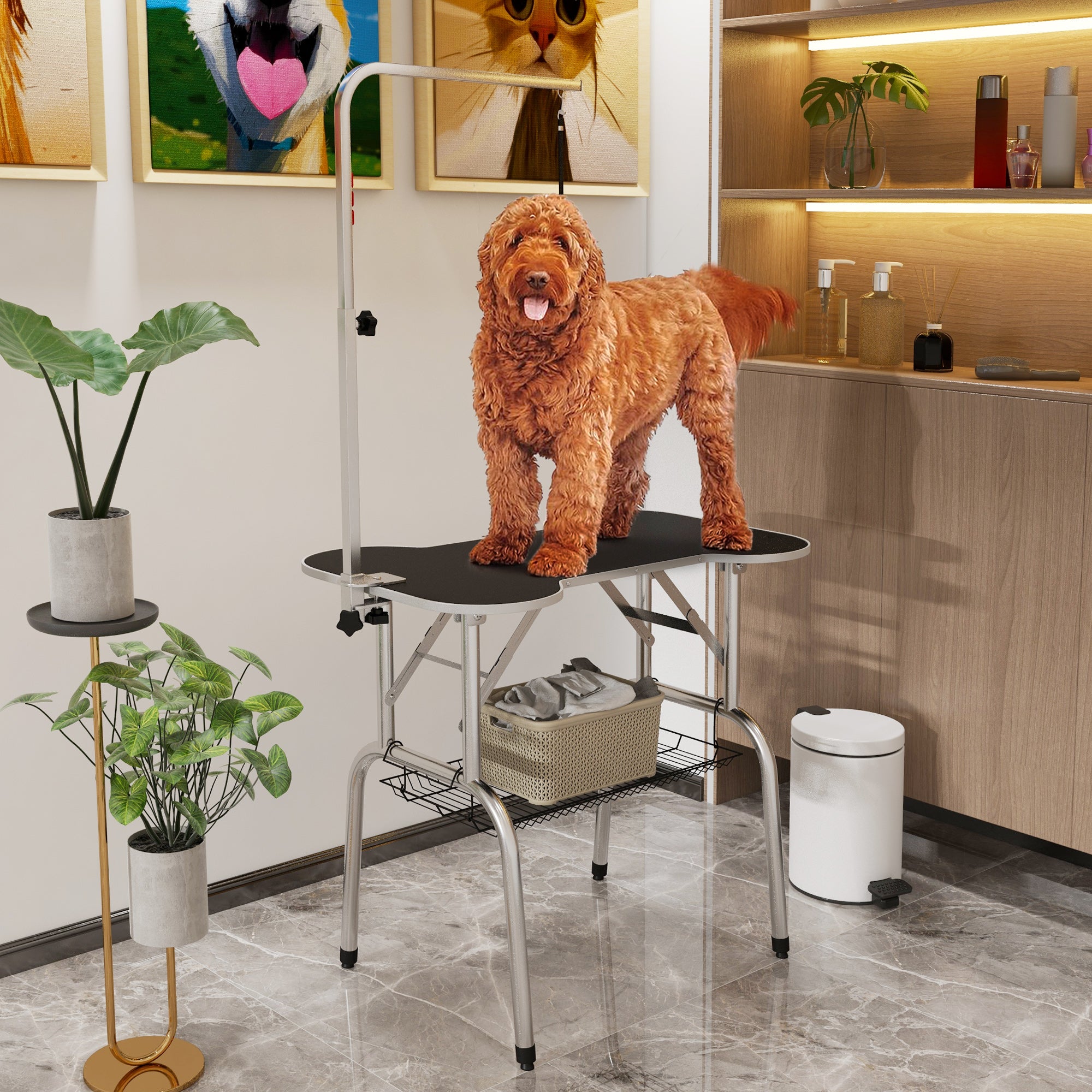 PawHut Foldable Dog Grooming Table Pet Drying Table with Adjustable Arm Non-Slip Rubber Tabletop Aluminium Alloy Edge Stainless Steel Bar Sling 94.5 x 55 x 81cm Black