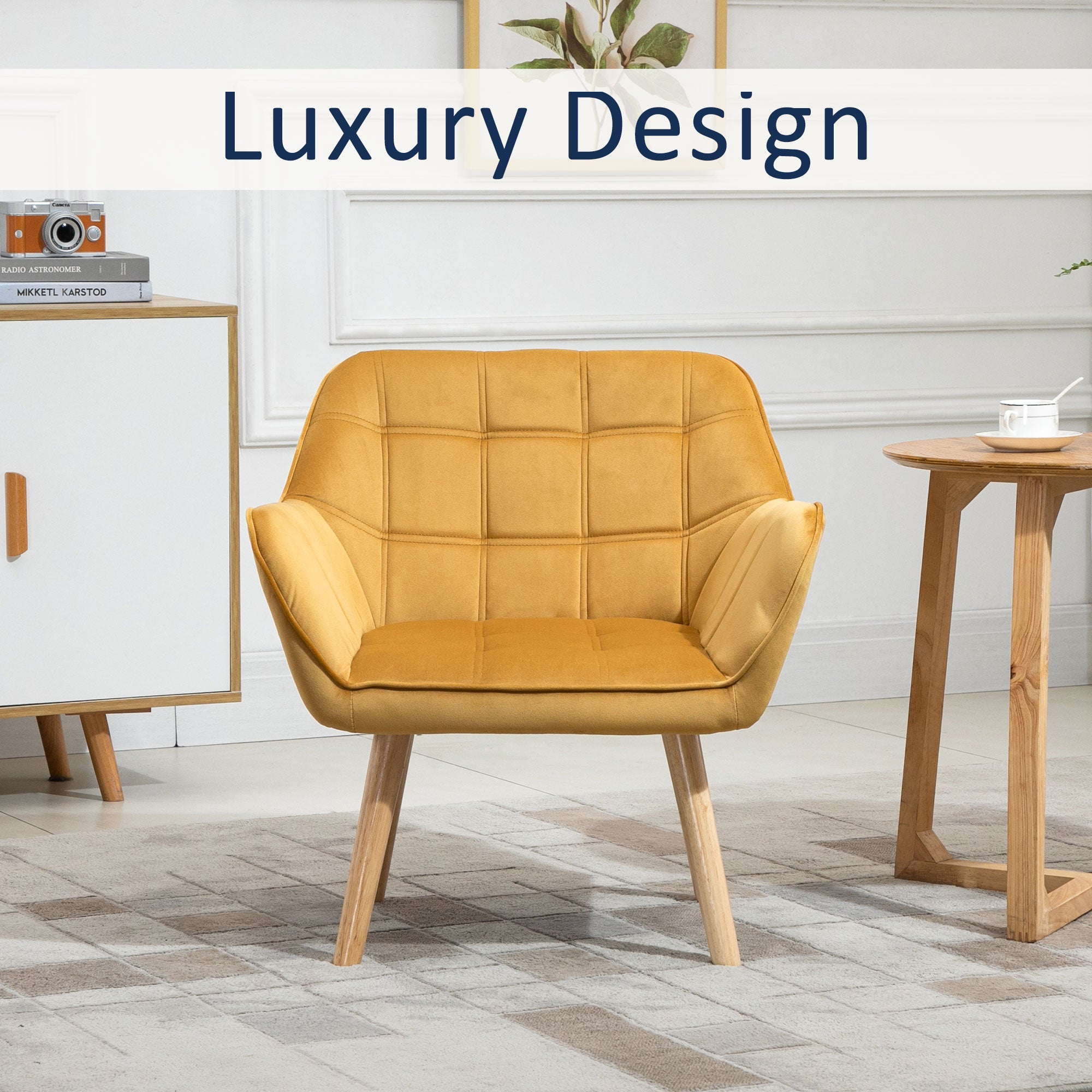 HOMCOM Modern Armchair, Accent Chair with Wide Arms, Slanted Back and Rubber Wood Legs for Living Room, Bedroom, Home Office Yellow - North Peak Garden Furniture