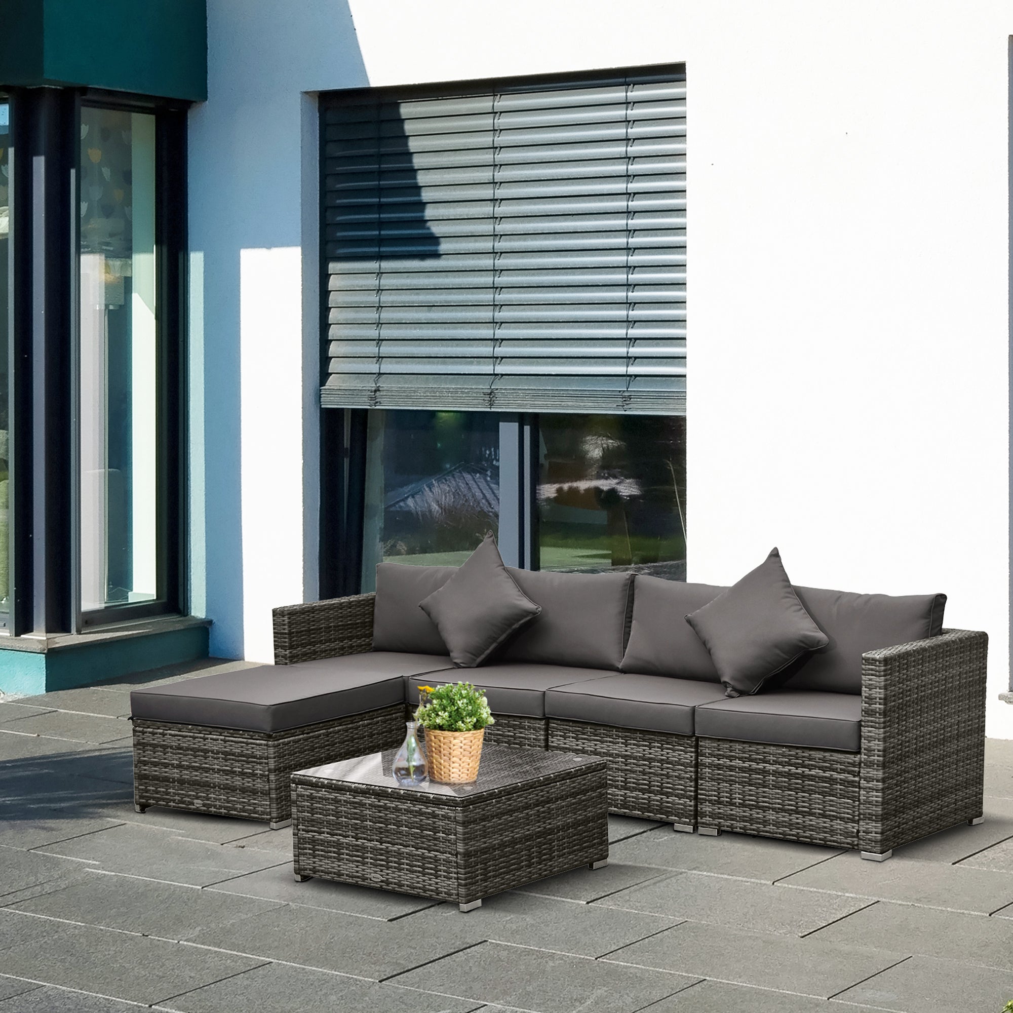 Outsunny 6 Pieces Outdoor Rattan Corner Sofa Set, Patio Aluminium Frame with All-weather Wicker Conversation Furniture w/ Coffee Table & Cushions, Grey