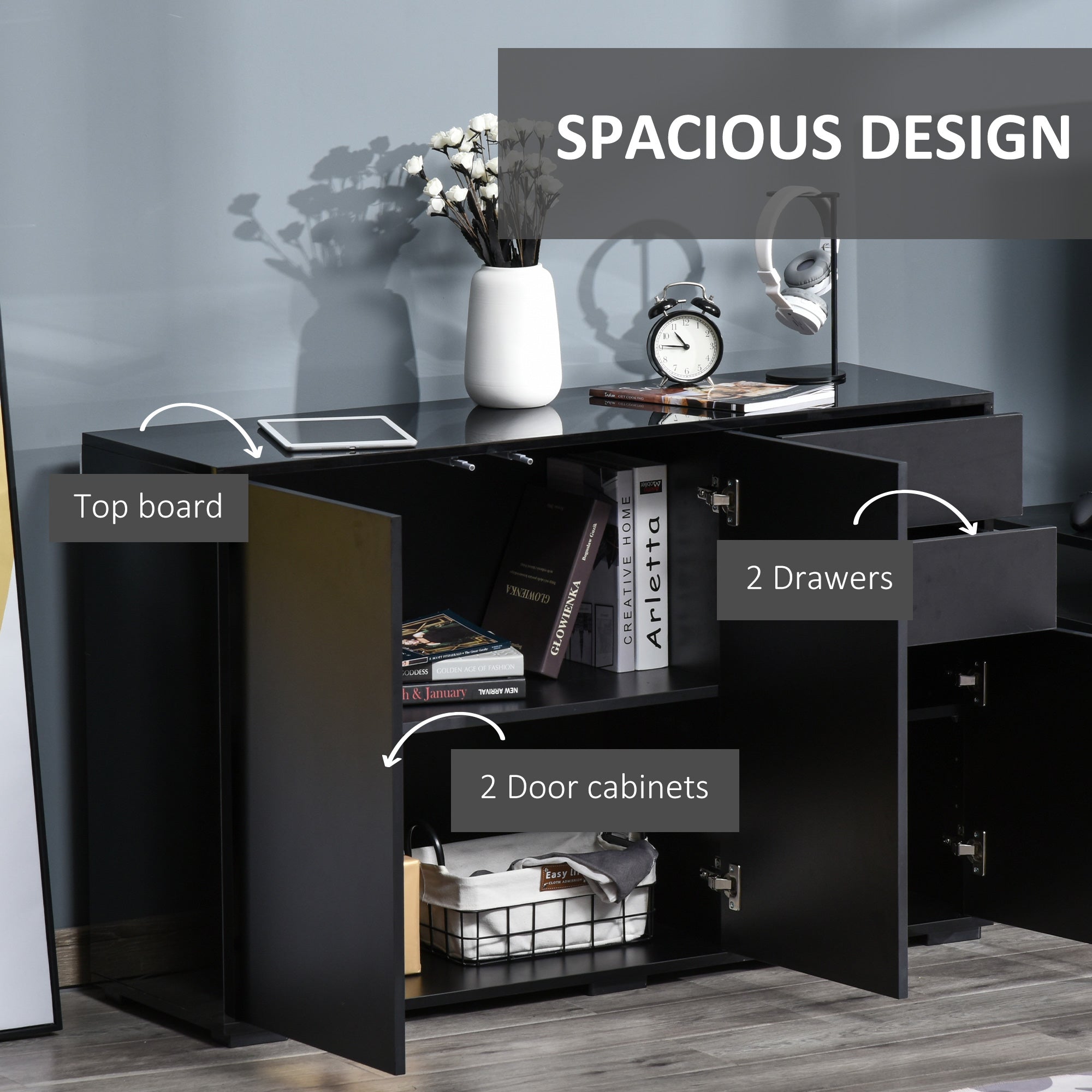 HOMCOM High Gloss Frame Sideboard, Side Cabinet, Push-Open Design with 2 Drawer for Living Room, Bedroom, Black - North Peak Garden Furniture