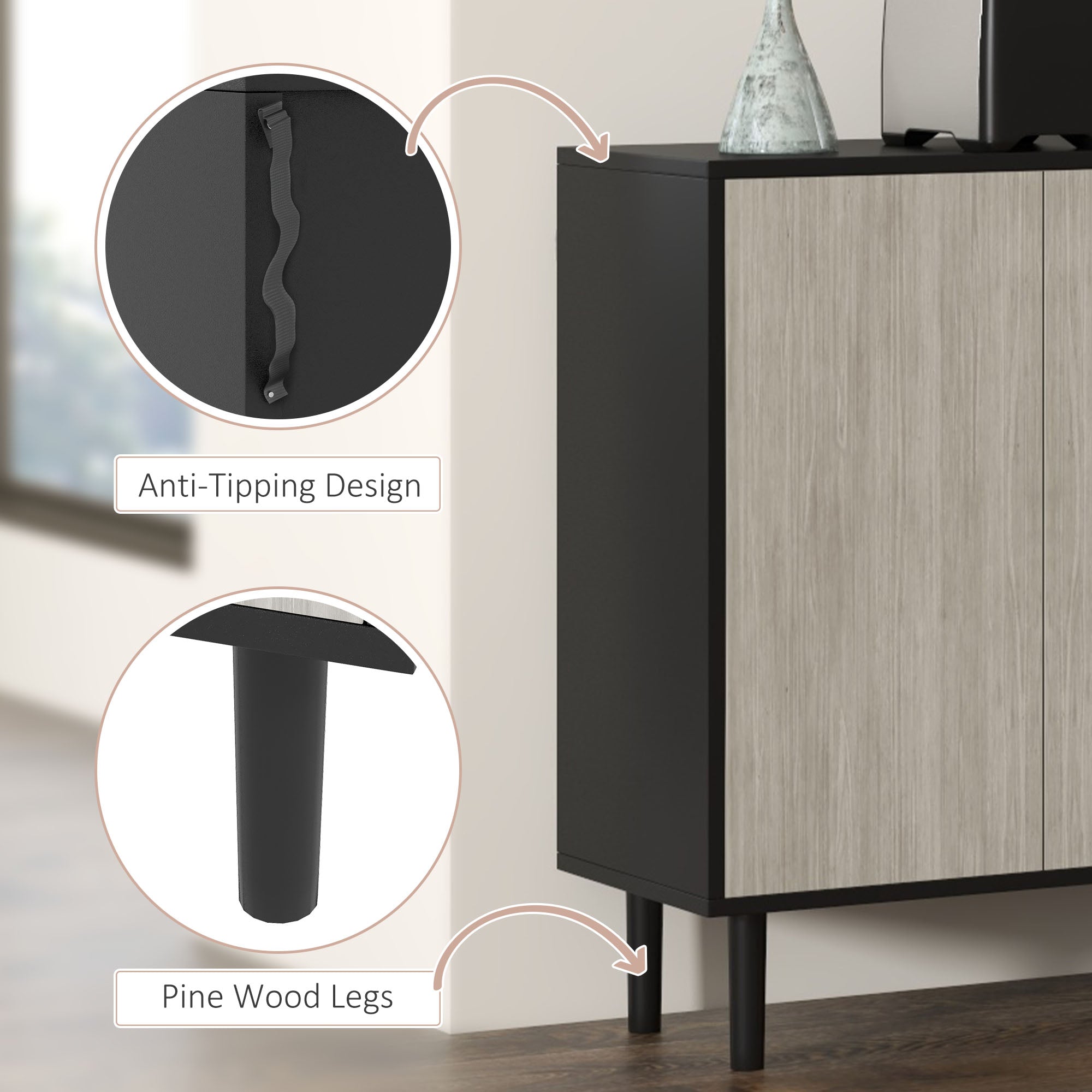 HOMCOM Kitchen Sideboard Storage Cabinet for Living Room with Adjustable Shelves 4 Doors and Pine Wood Legs Black - North Peak Garden Furniture