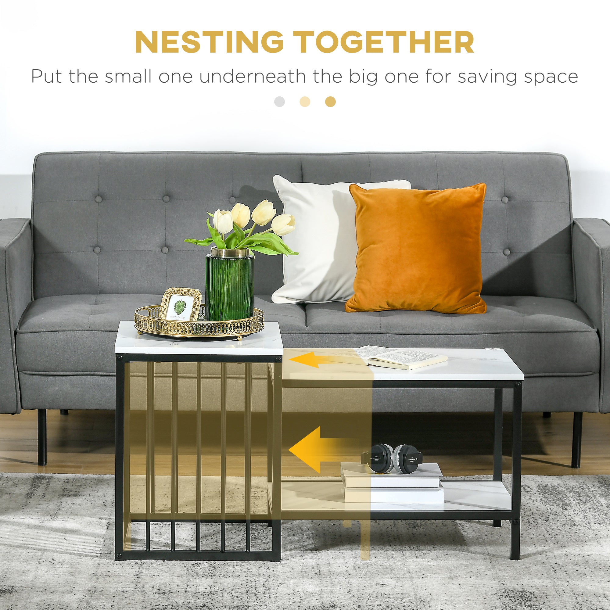 HOMCOM Modern Coffee Table Set of Two, Marble-Effect Nesting Side Tables with Steel Frame for Living Room, White, Black - North Peak Garden Furniture