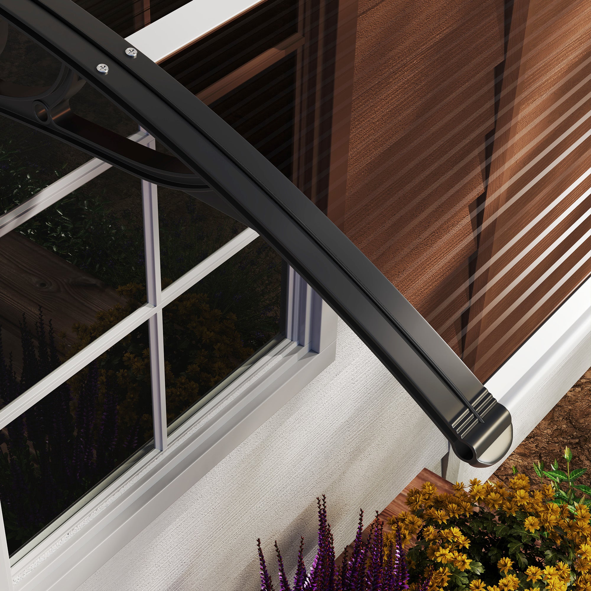Outsunny Curved Window Door Canopy Aluminium Rigid Plastic Polycarbonate Fixed Outdoor Awning Modern Design UV Water Rain Resist 100 x 75cm Brown - North Peak Garden Furniture