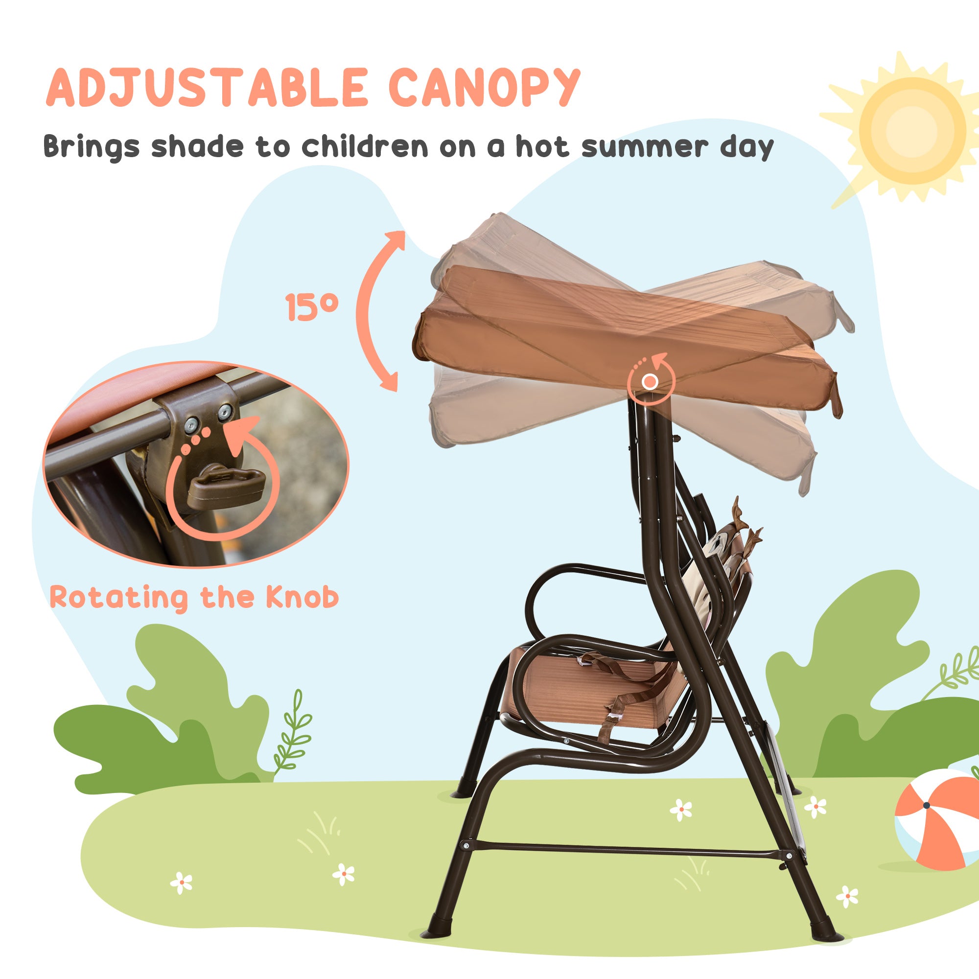 Outsunny 2 Seater Kids Garden Swing Seat, Children Outdoor Patio Lounge Chair for Gardens w/ Adjustable Awning, Seatbelt, Monkey Pattern - Brown - North Peak Garden Furniture