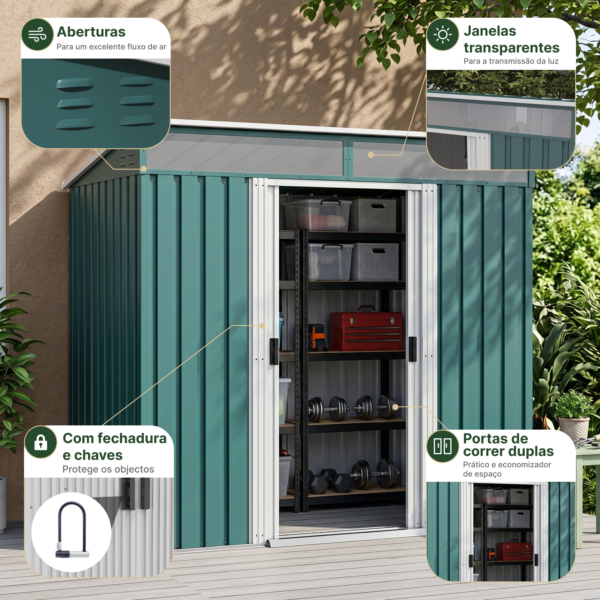 Outsunny 6.5 x 4FT Galvanised Metal Shed with Foundation Kit, Lockable Tool Garden Shed with Double Sliding Doors, Vents, Green