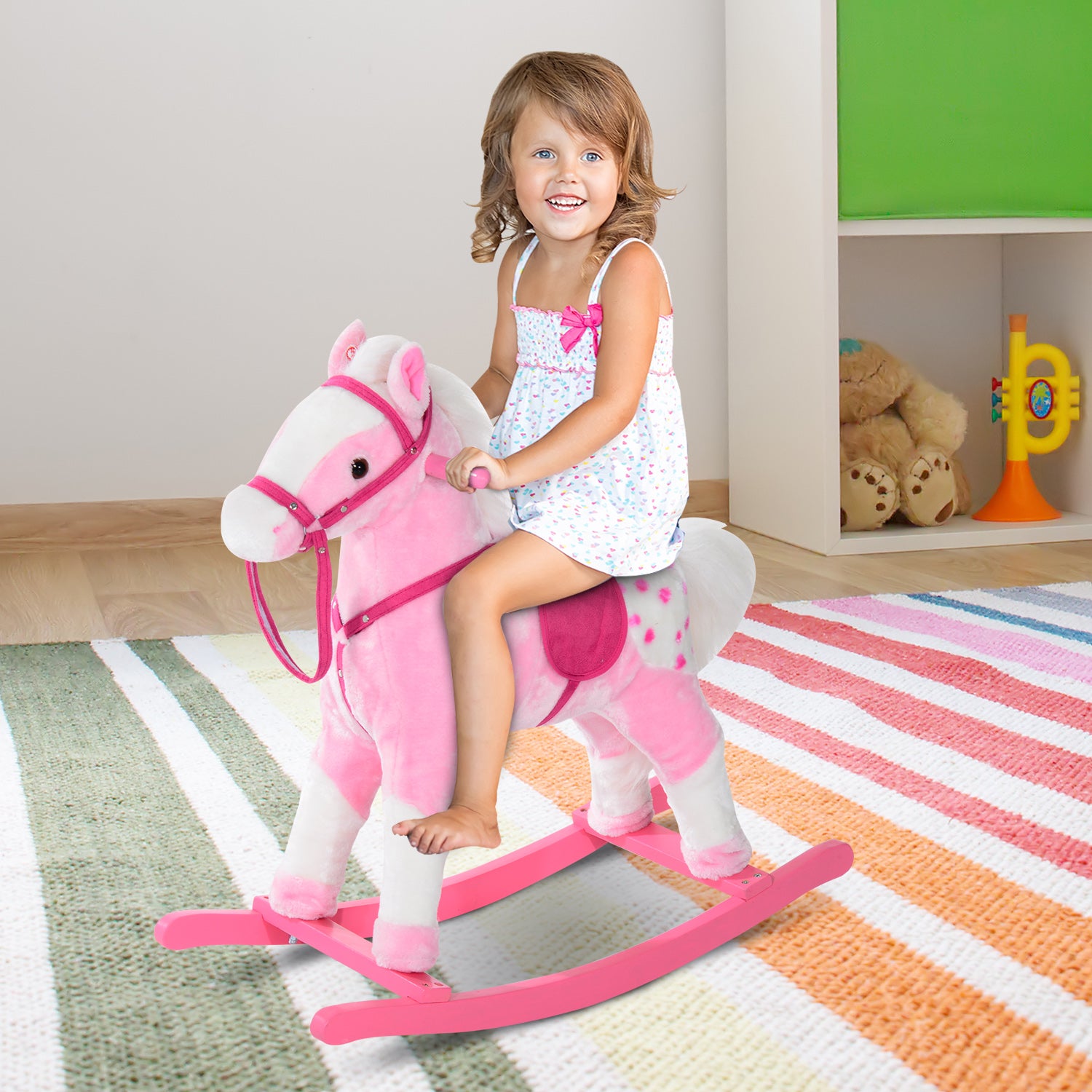 HOMCOM Baby Rocking Horse Plush Ride on Animals Rocker with Sound Handle Grip for Kids 3-6 Years - Pink - North Peak Garden Furniture