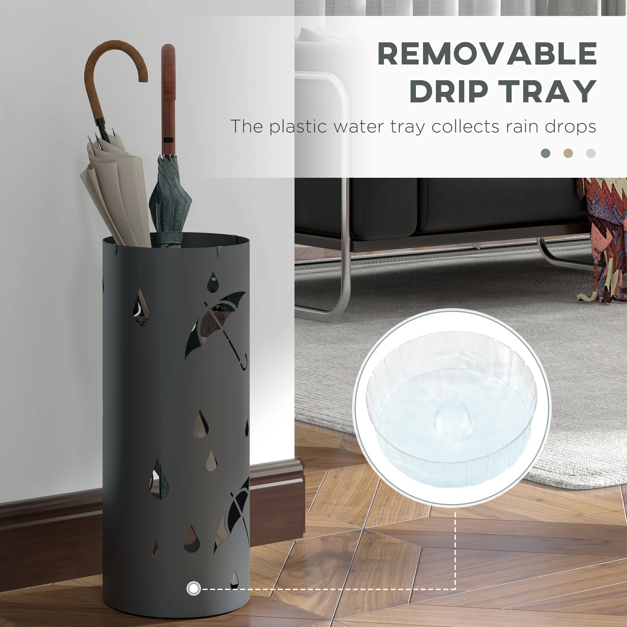 HOMCOM Freestanding Umbrella Stand for Hallway, Round Umbrella Basket with 4 Hooks and Drip Tray for Entryway, Dark Grey - North Peak Garden Furniture