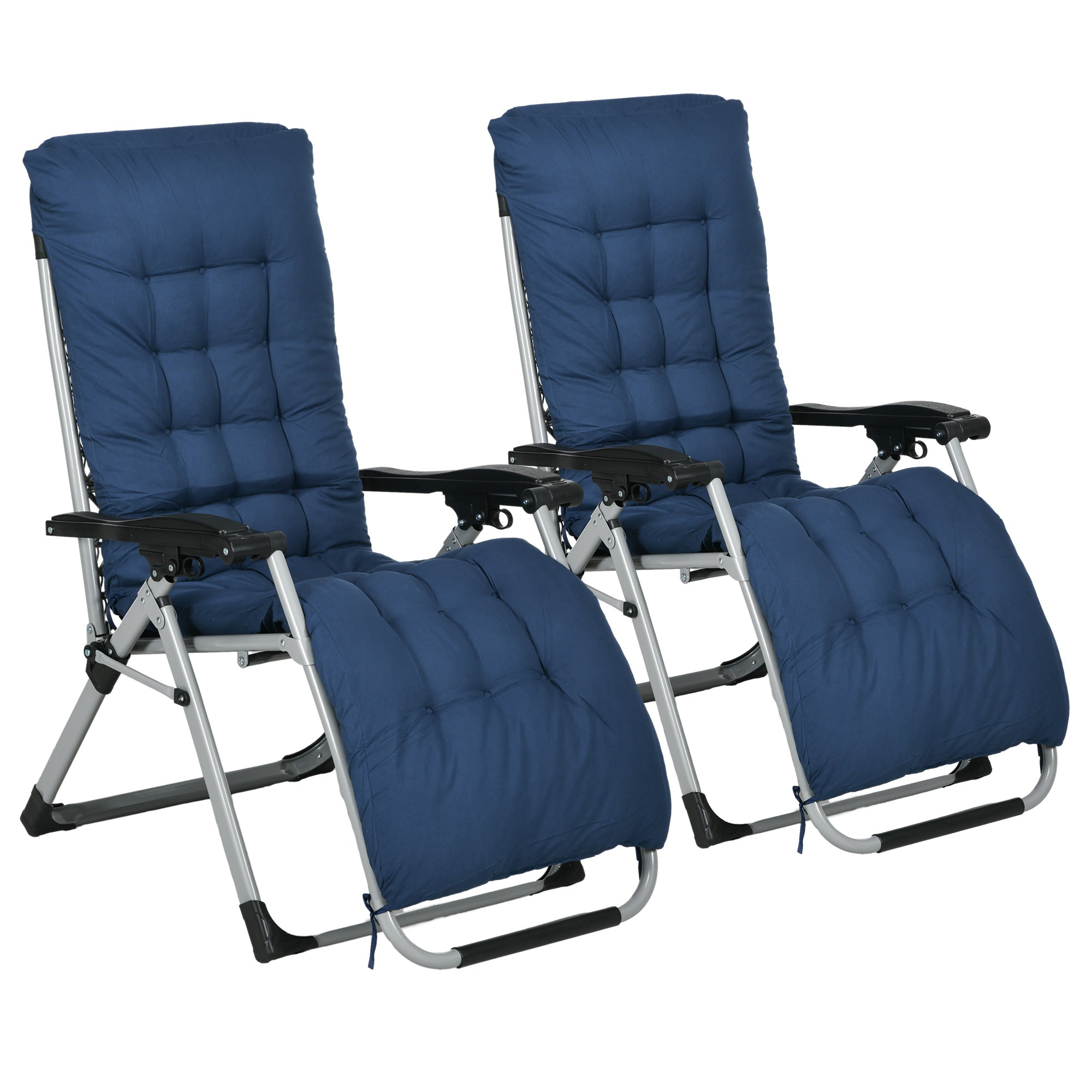 Outsunny 2pc Reclining Zero Gravity Sun Loungers ,Folding Chaise Lounge Chair with Cushions, Blue