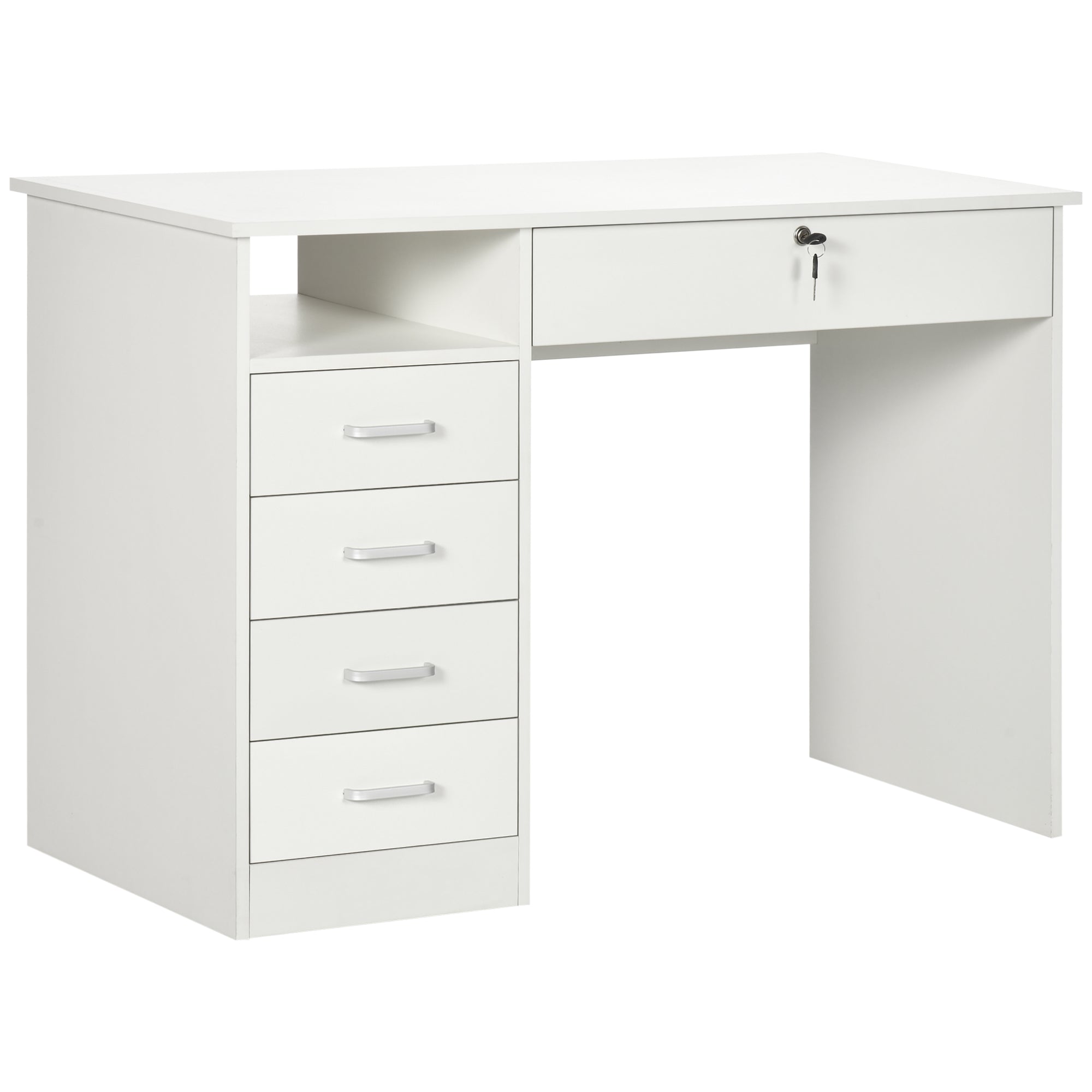 HOMCOM Computer Desk, Home Office Desk with Lockable Drawer, Storage Shelf for Study Bedroom, 110 x 50 x 76 cm, White - North Peak Garden Furniture