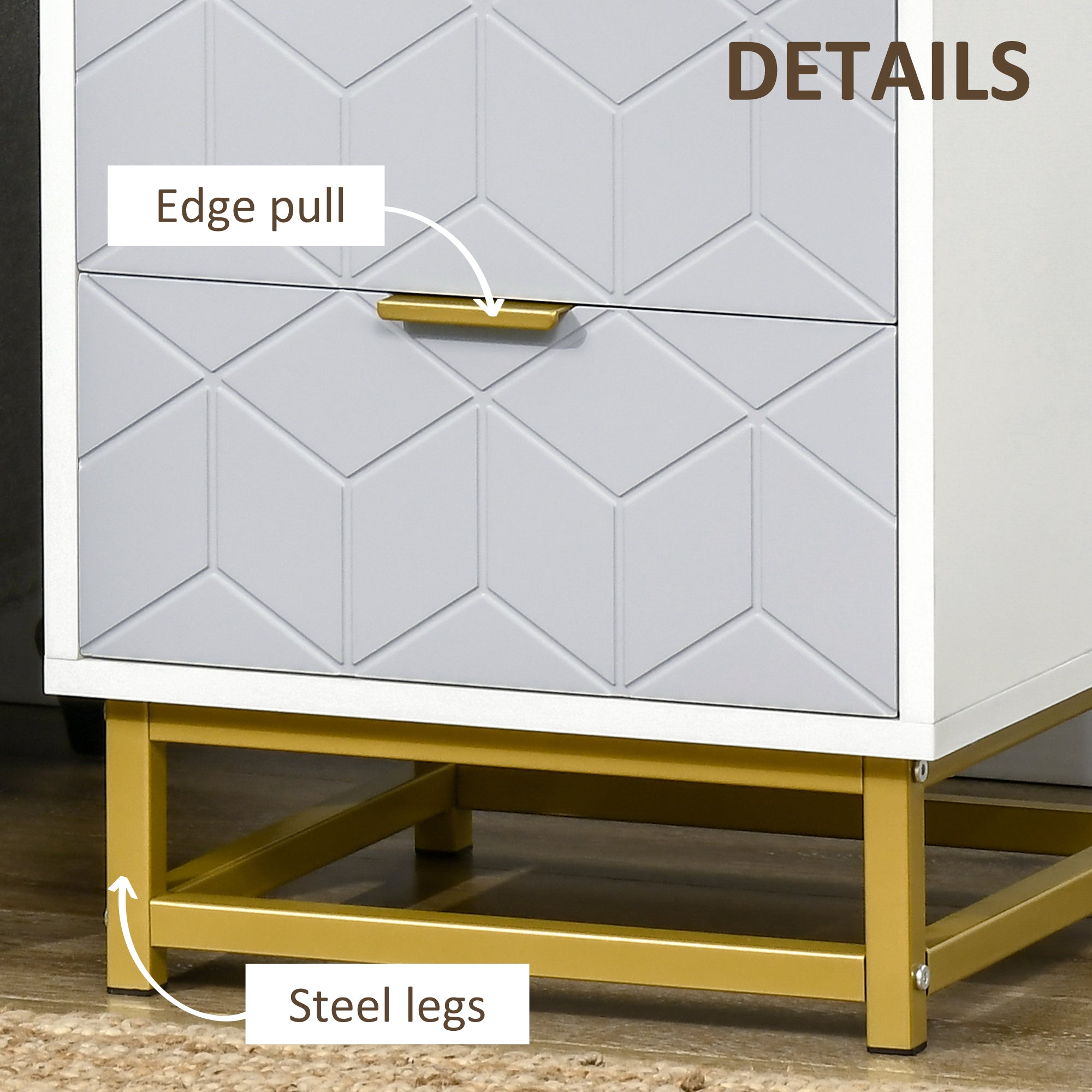 HOMCOM Bedside Table with 2 Drawers, Side Table, Bedside Cabinet with Steel Frame for Living Room, Bedroom, Set of 2, Grey and White - North Peak Garden Furniture